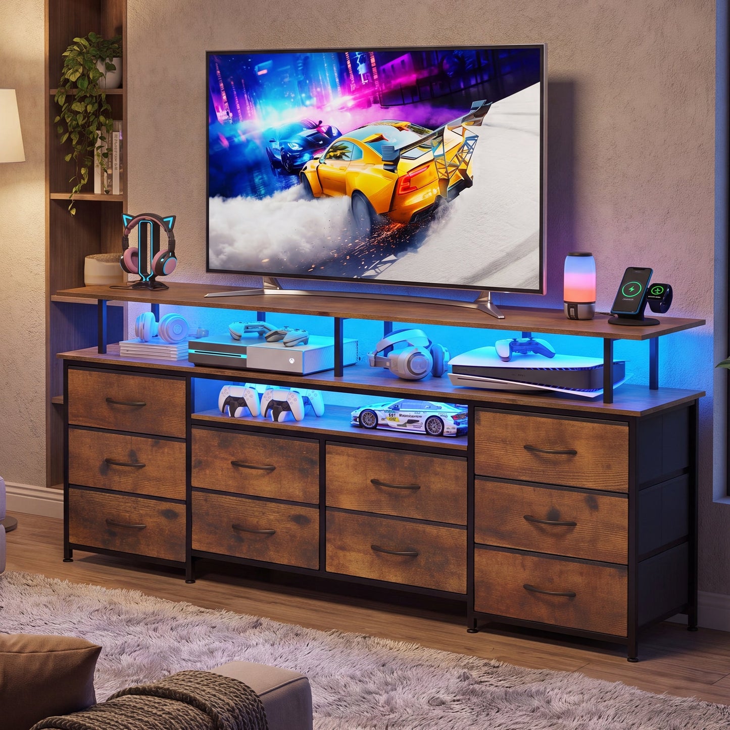 Advwin 160cm TV Stand with Open Storage & LED Lights