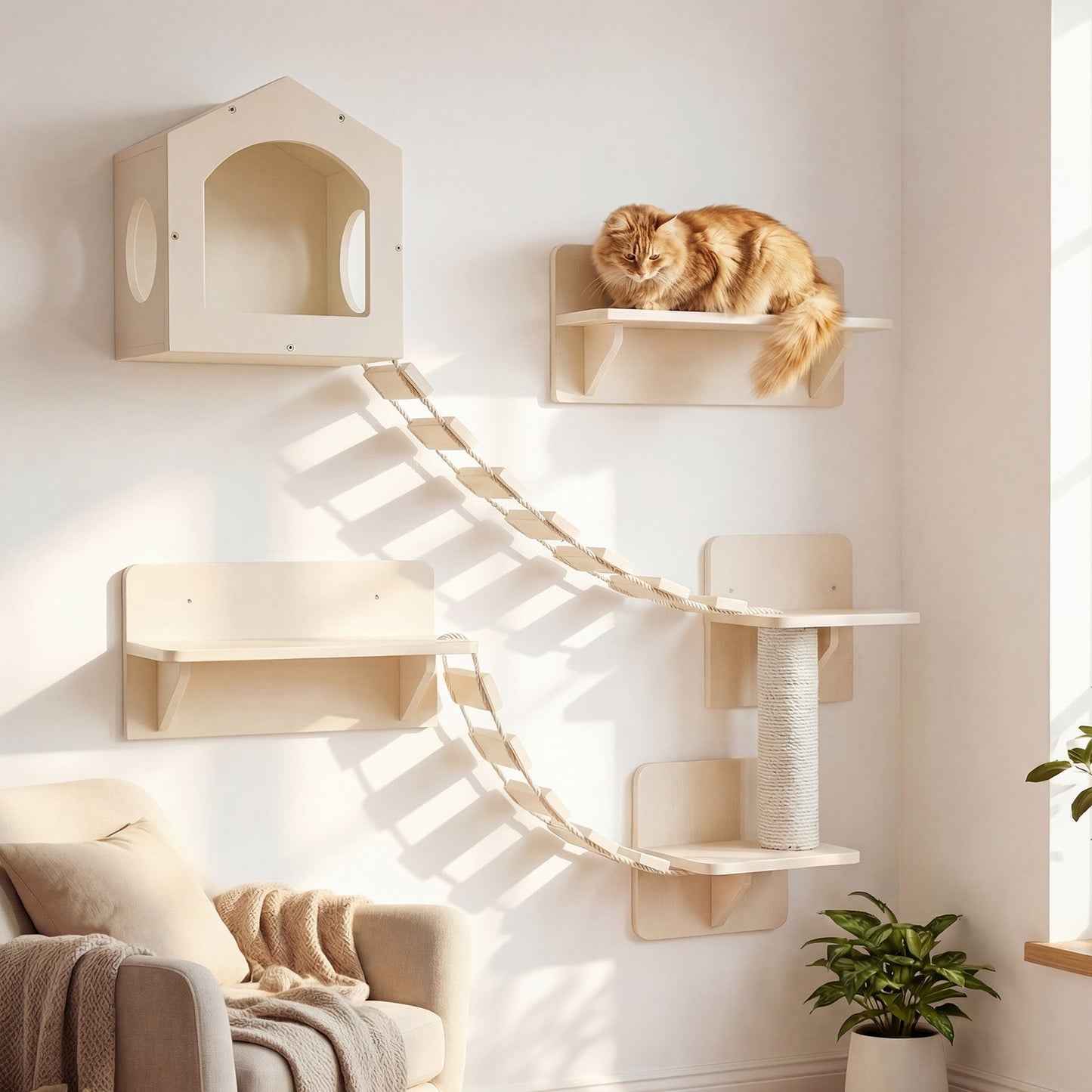 Advwin DIY Cat Wall Furniture 6-Piece Wooden Set