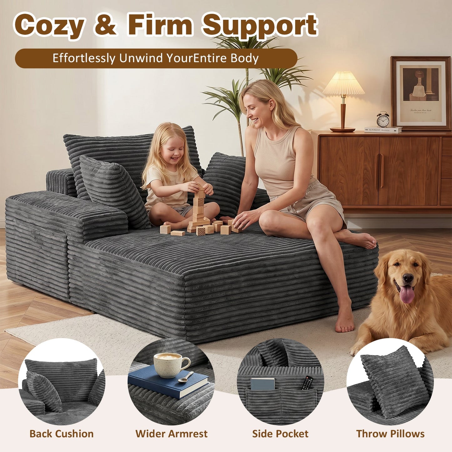 Advwin 132cm Corduroy Chaise Lounge Chair with Cushion
