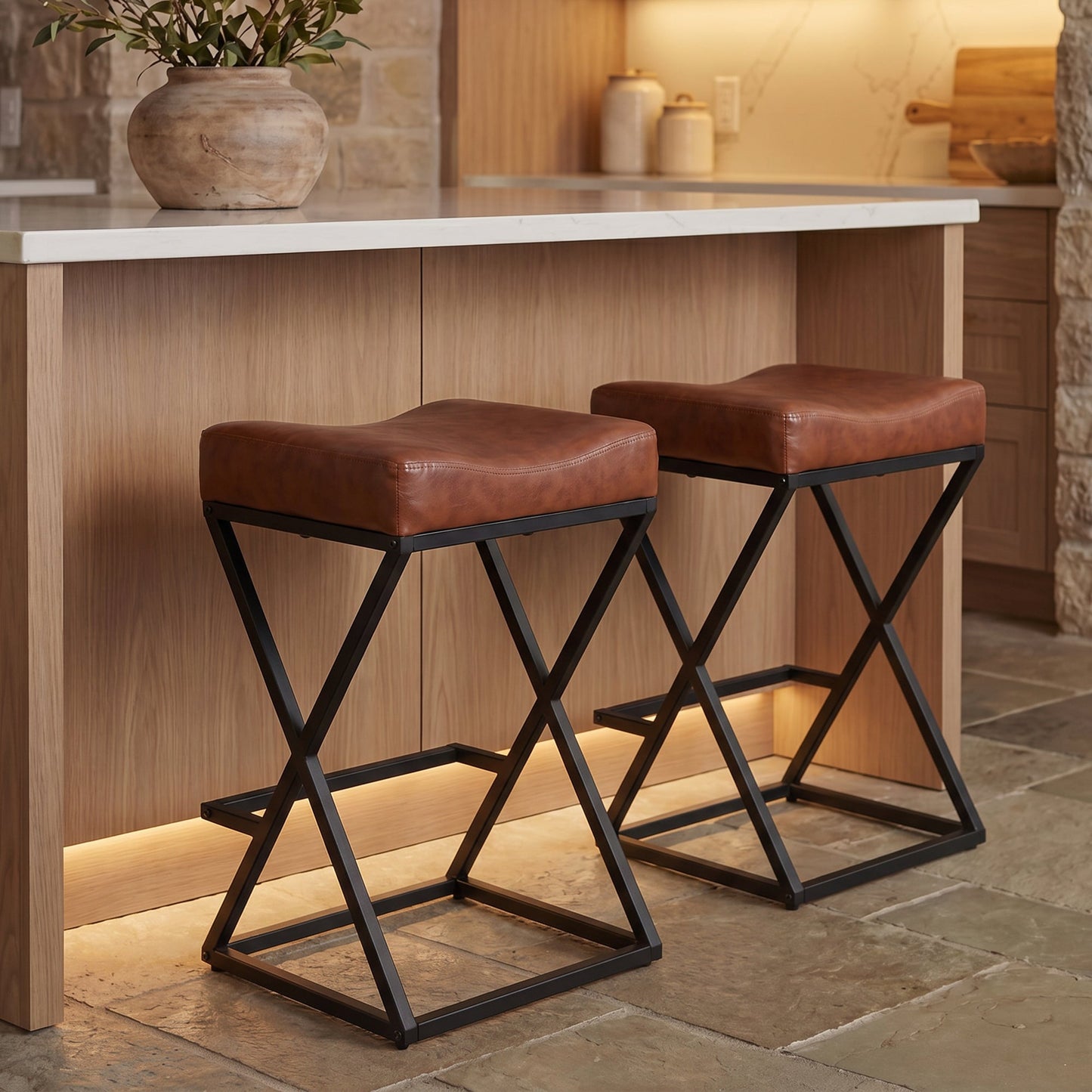 Advwin Set of 2 PU Leather Bar Stools with Footrest