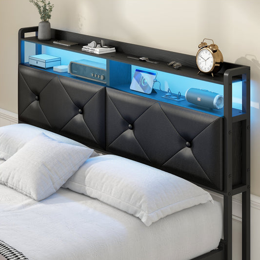 Advwin Headboard with LED Light Charging Station Black