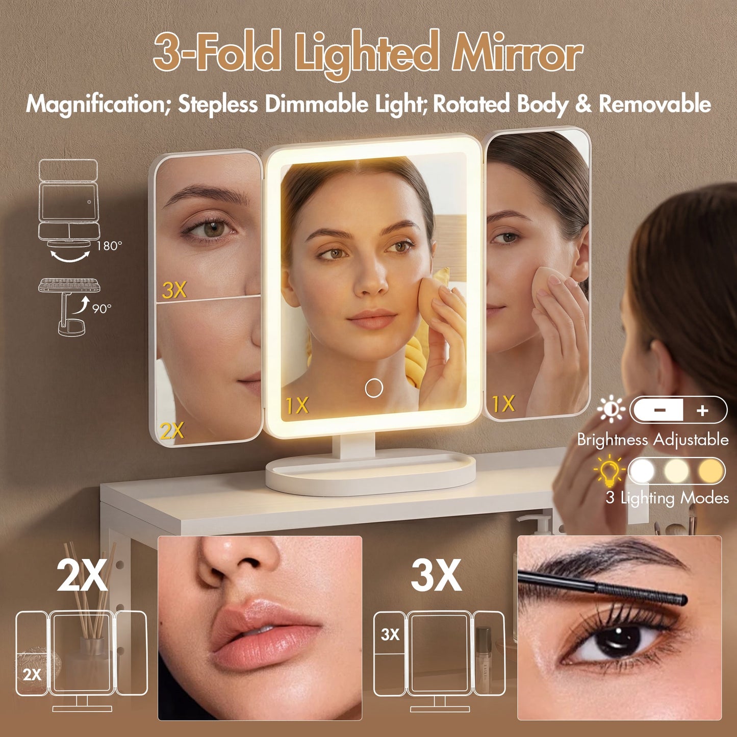Advwin Dressing Table with LED Mirror Height-Adjustable Stand