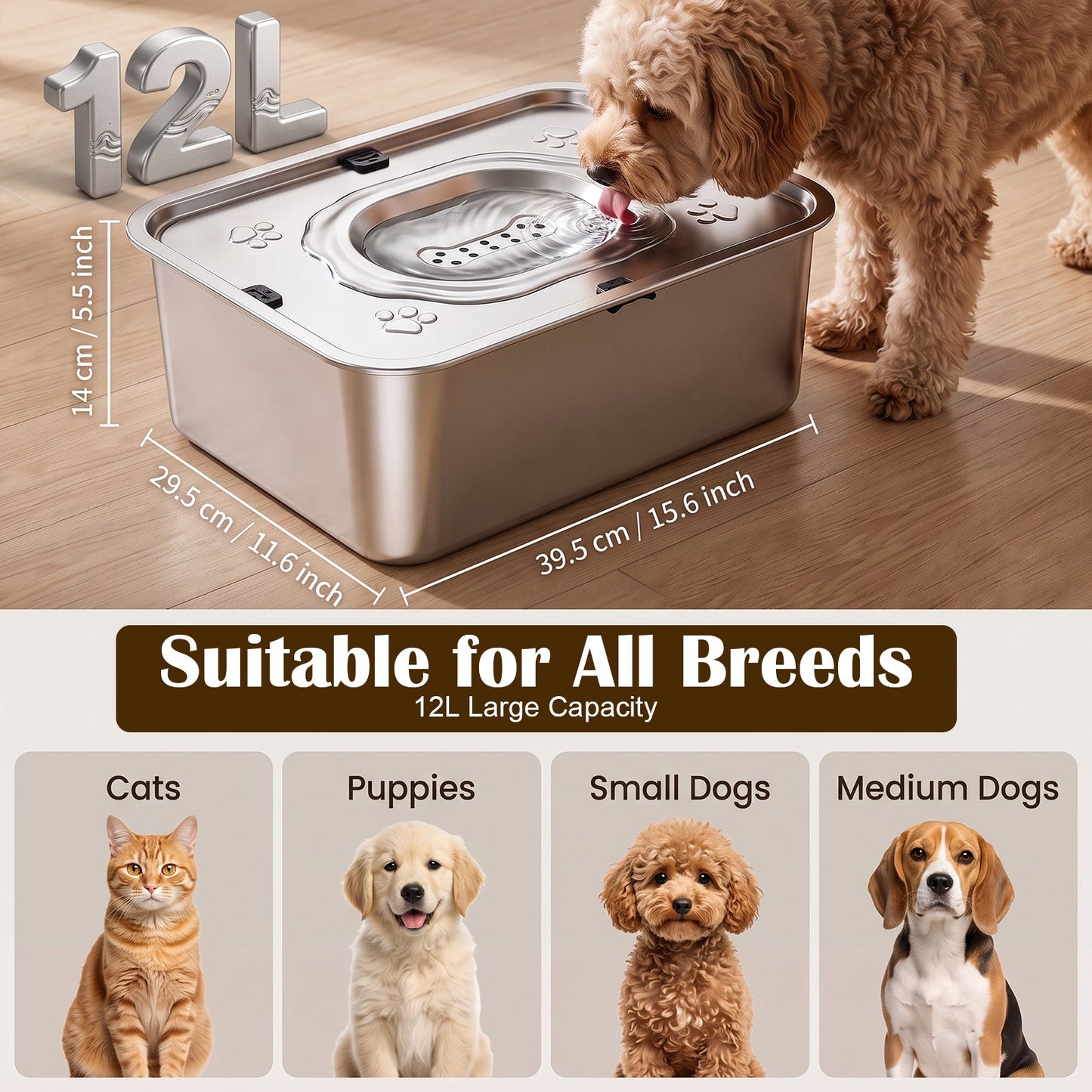 Advwin 12L Stainless Steel No Spill Dog Water Bowl