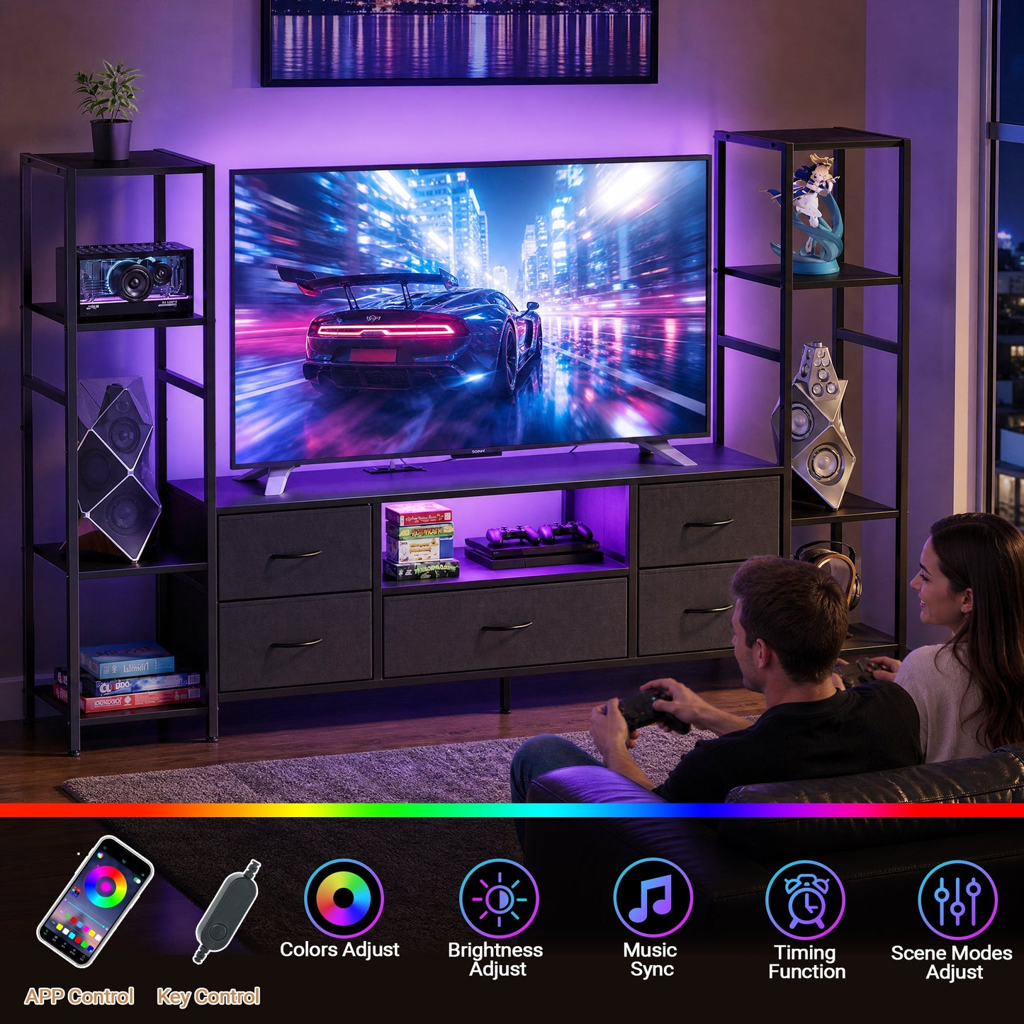 Advwin 185cm TV Stand with Bookshelf & LED Lights