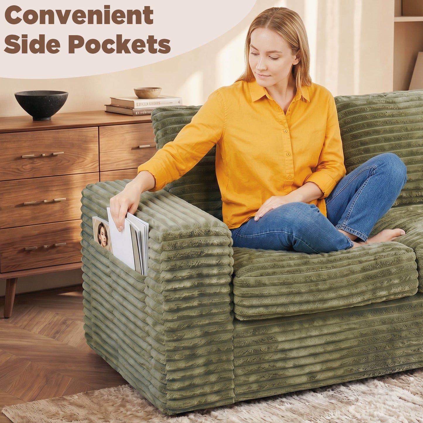 Advwin 162cm Loveseat Floor Sofa Corduroy Boneless Couch