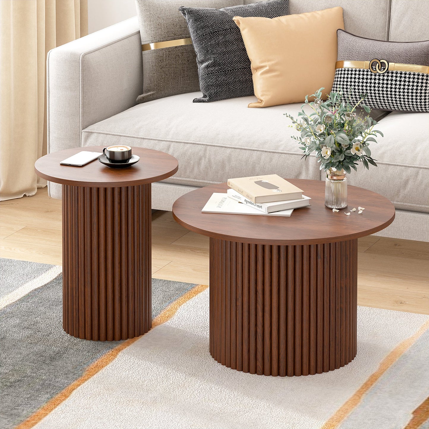 Advwin 2x Nesting Coffee Tables Fluted Walnut Round