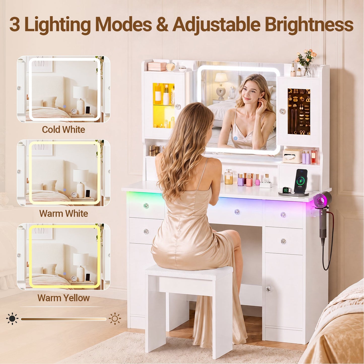 Advwin Dressing Table with RGB Light & Jewelry Cabinet