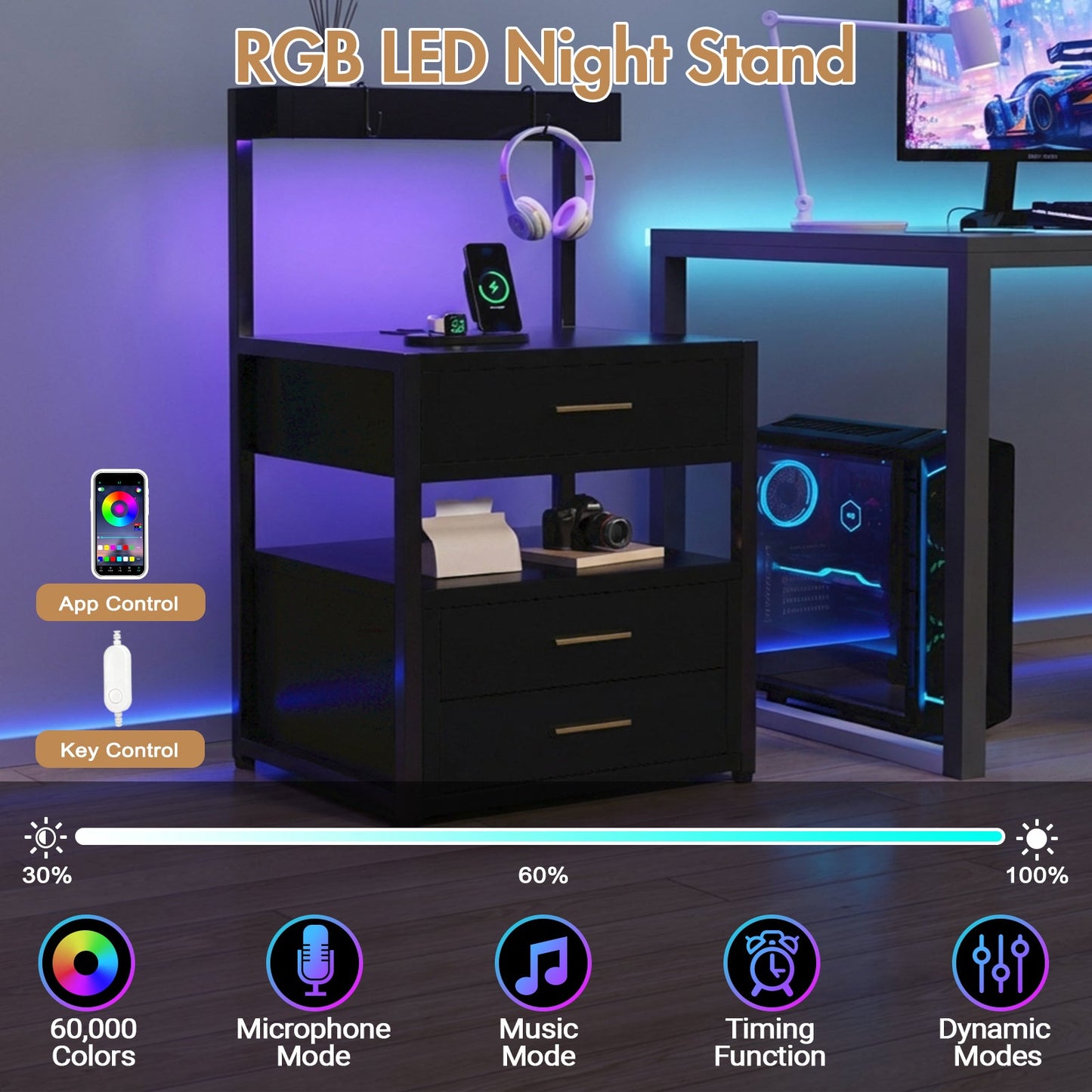 Advwin Bedside Table with Charging Station