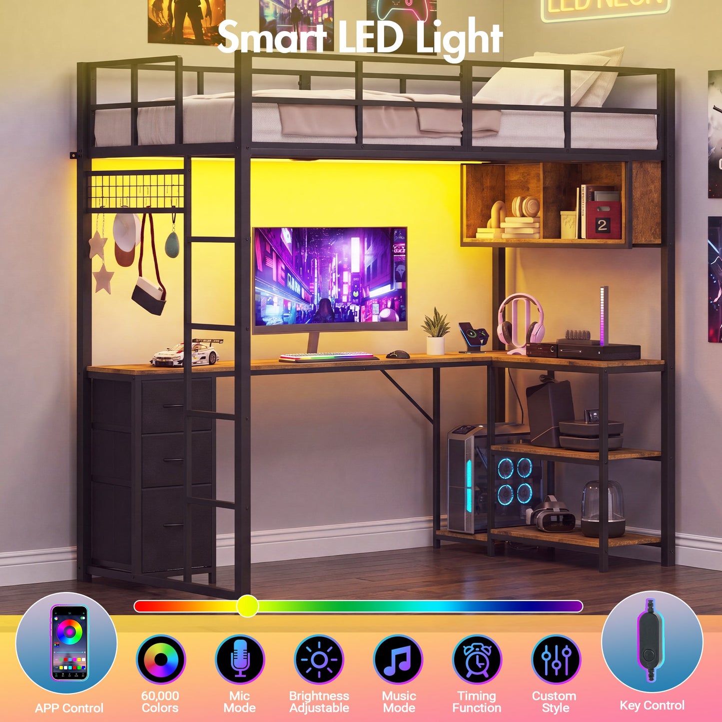 Advwin LED Loft Bed Frame w/ L-Shaped Desk & Charging Station