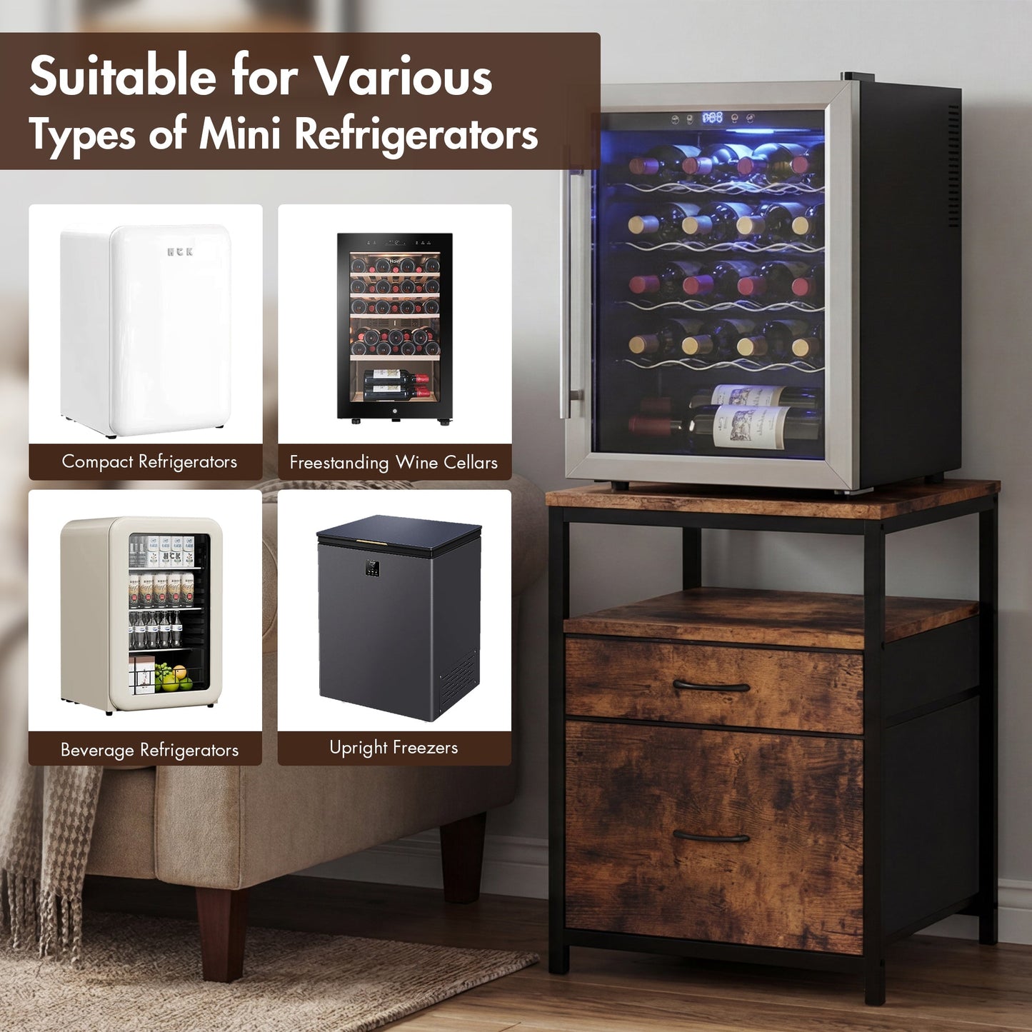 Advwin Mini Fridge Stand with 2 Drawers and Open Shelf