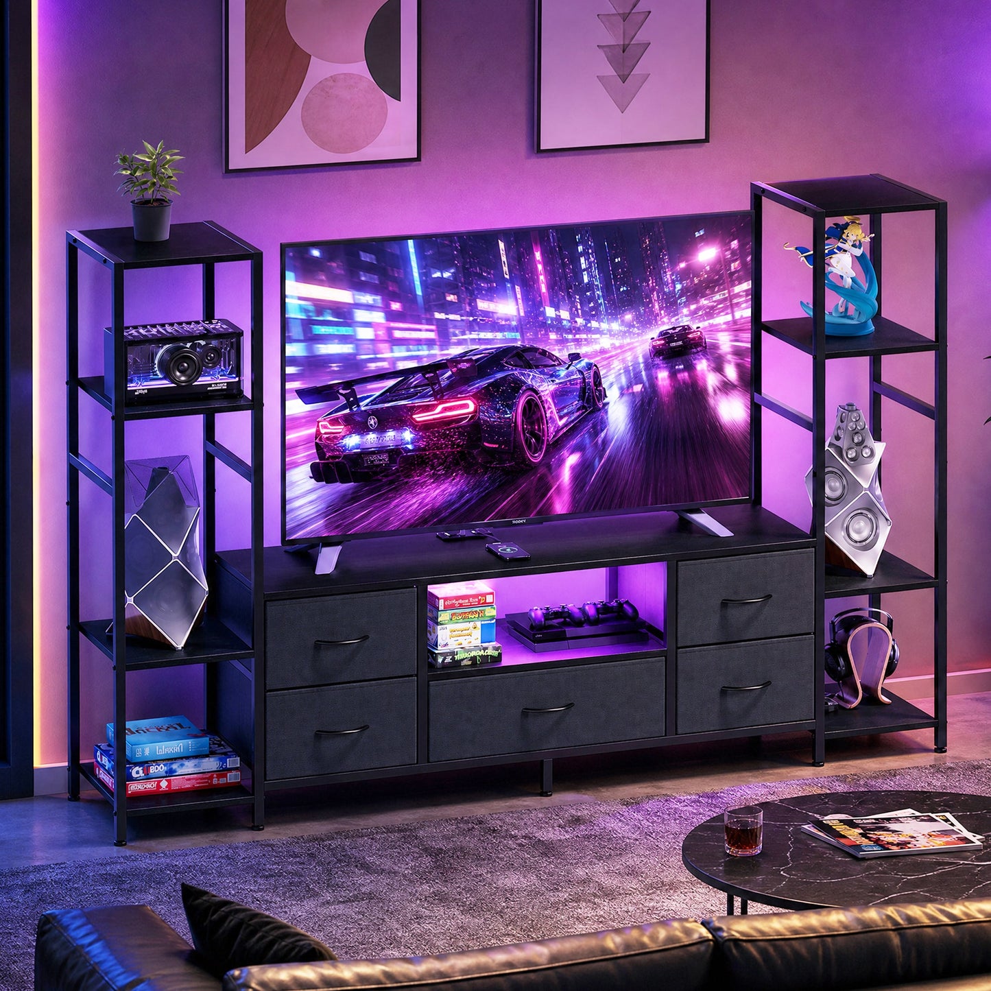 Advwin 185cm TV Stand with Bookshelf & LED Lights