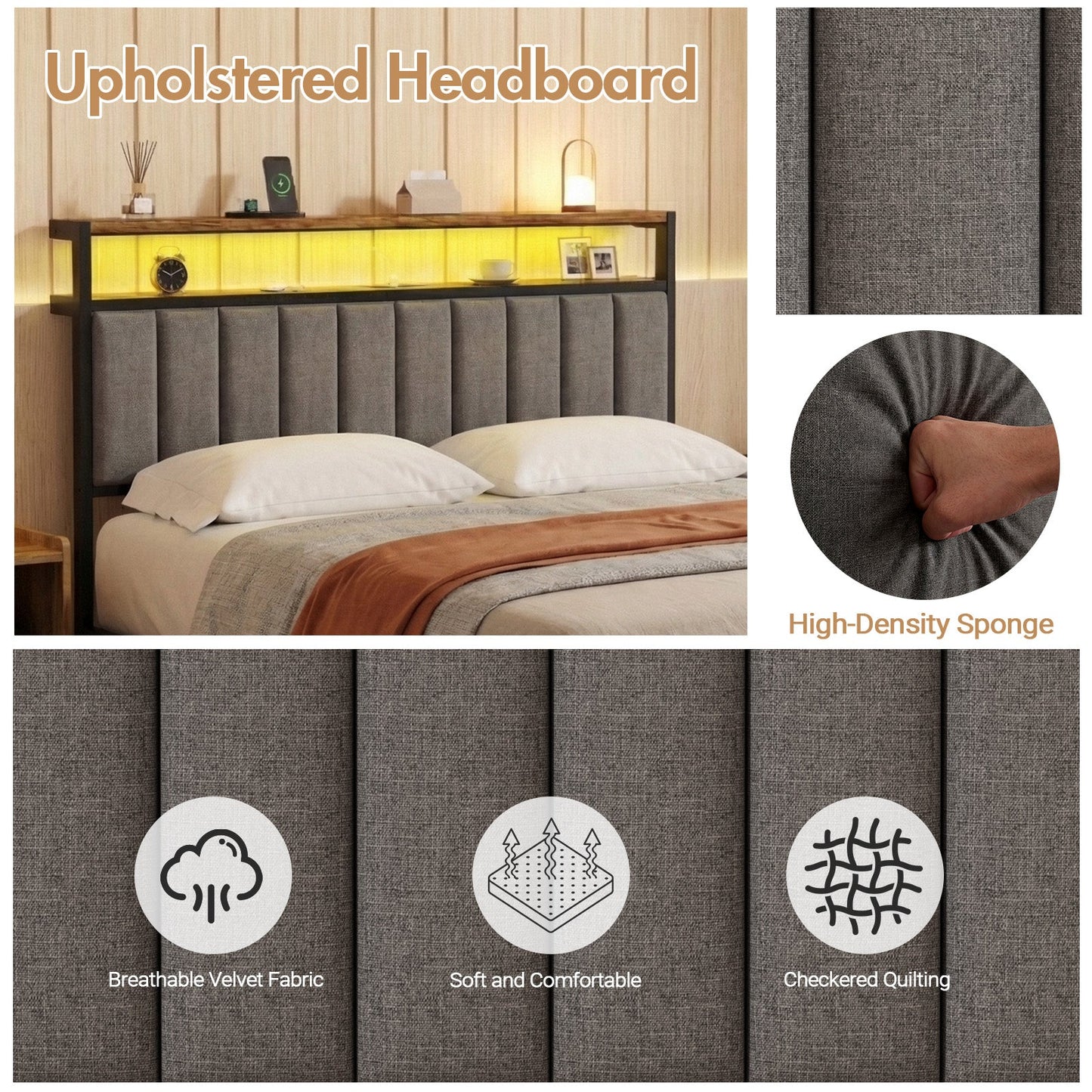 Advwin Queen Bed Frame with RGB LED & Charging Station