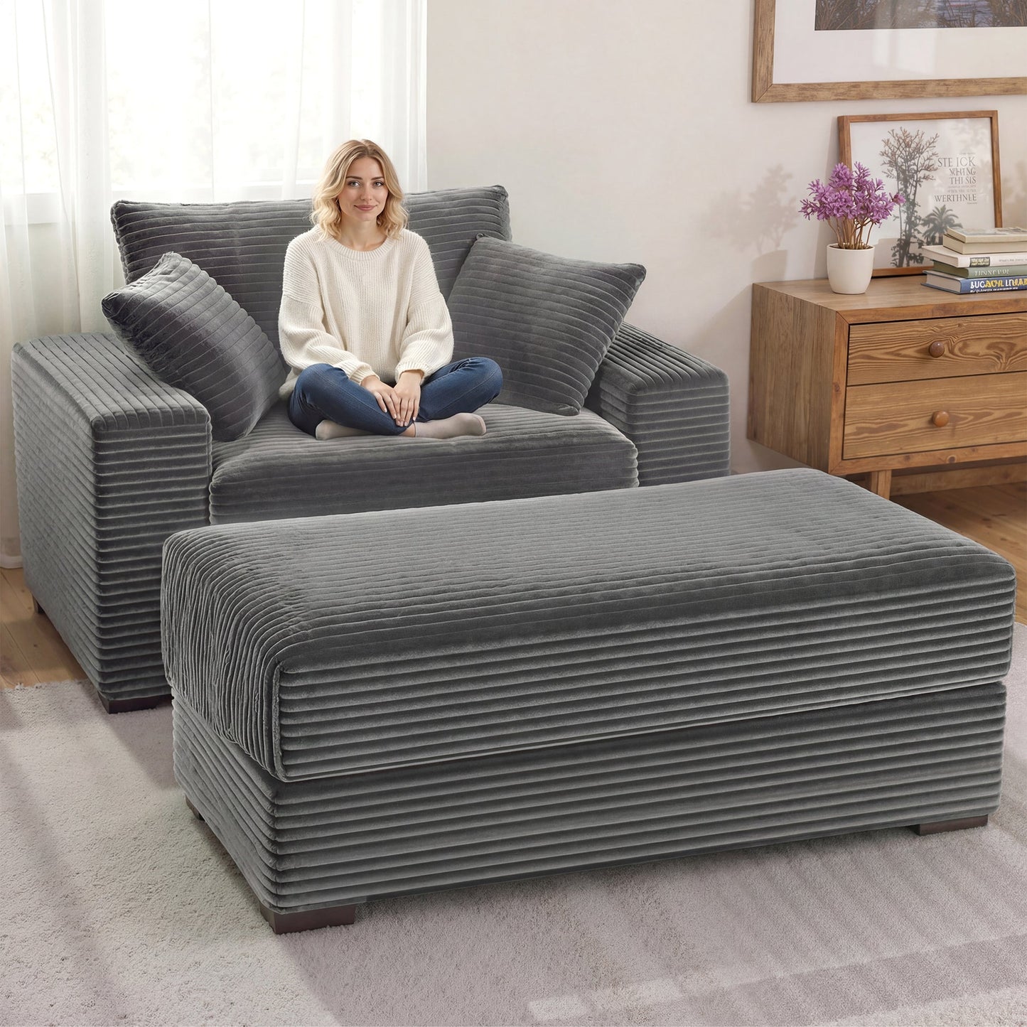Advwin 146cm Chaise Lounge Chair with Storage Ottoman