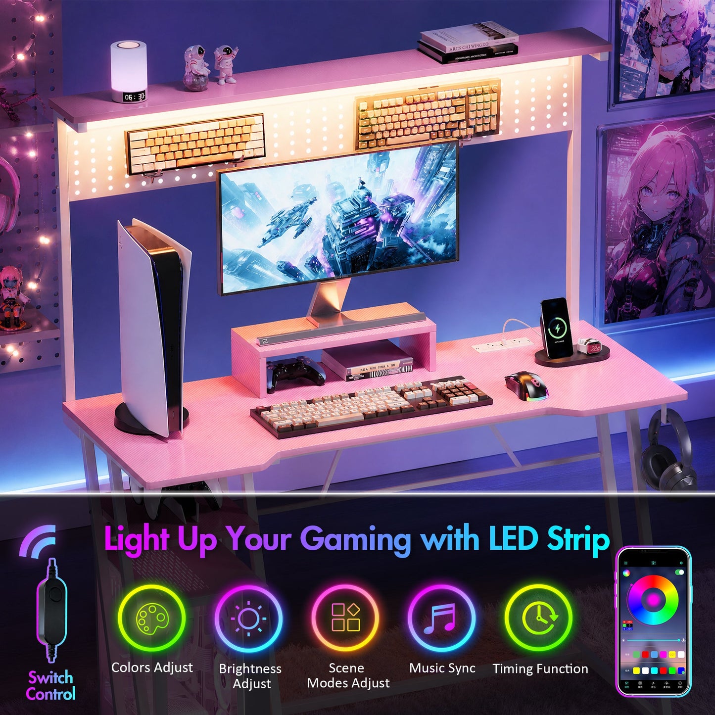 Advwin 120cm LED Gaming Desk w/ Movable Monitor Stand