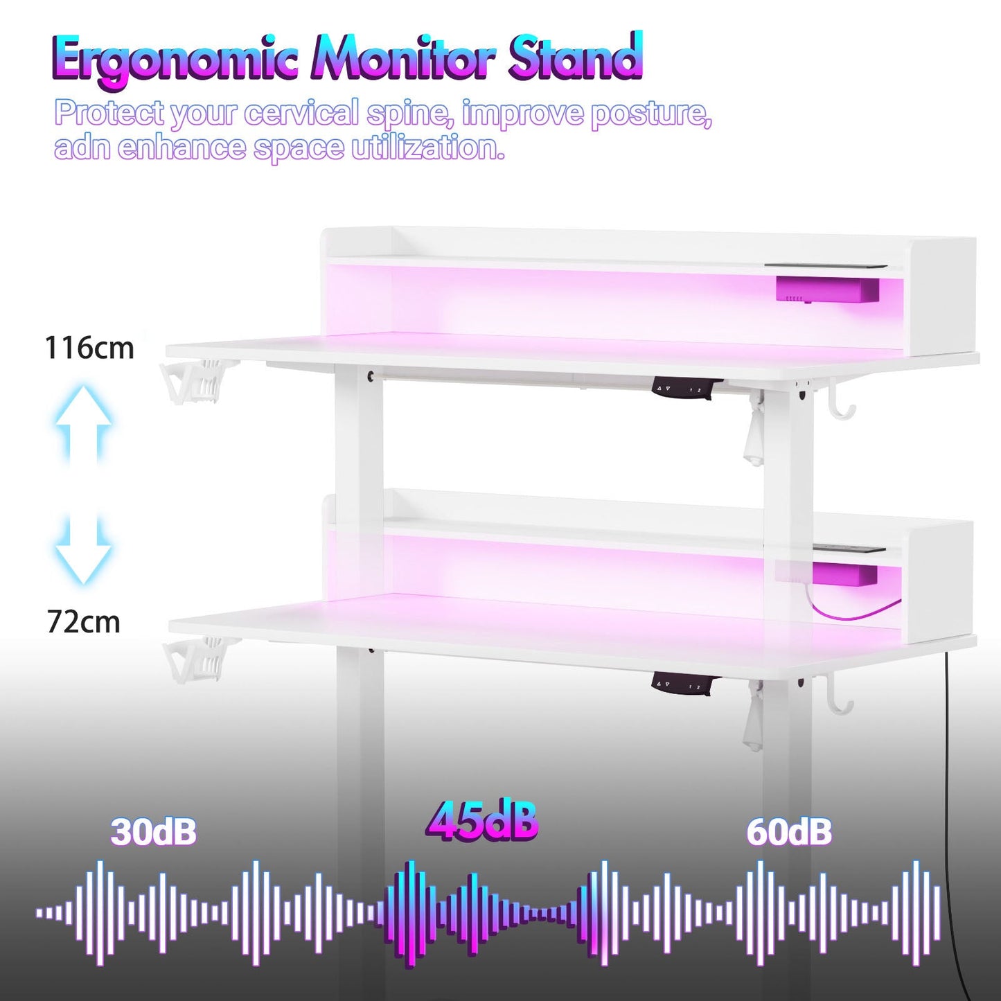 Advwin LED RGB Light Electric Standing Desk White