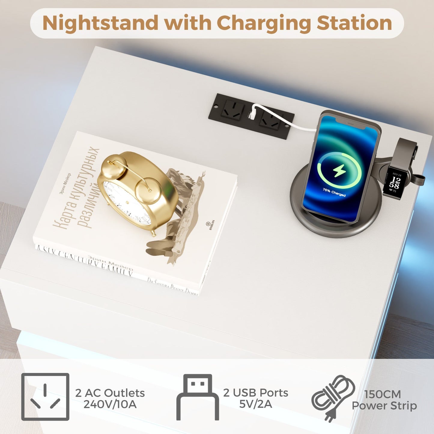 Advwin Bedside Table 3 Drawers With with Charging Station
