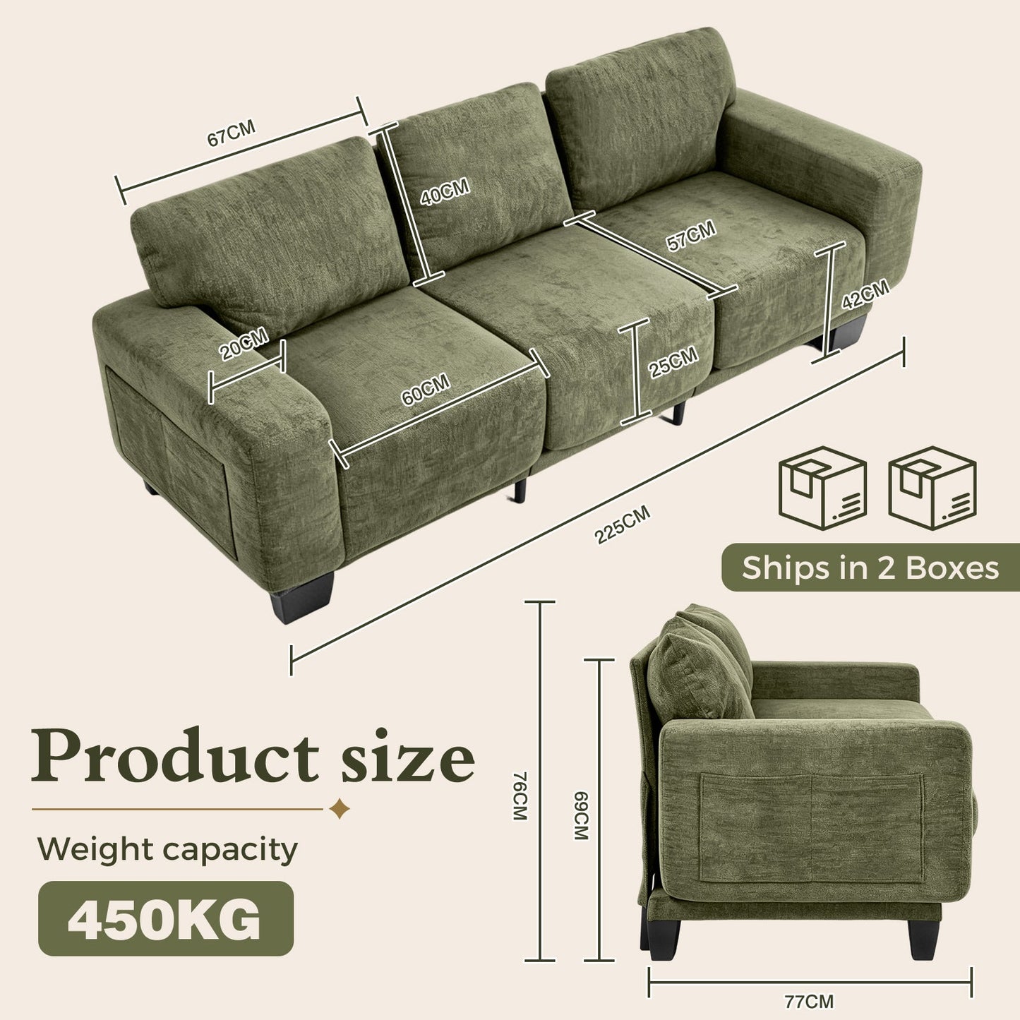 Advwin 3 Seater Sofa with Removable Backrest 225cm
