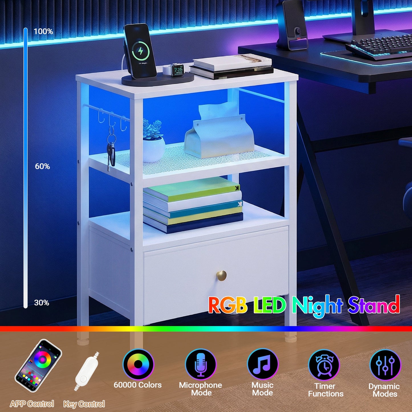 Advwin LED Bedside Tables with Fabric Drawer Set of 2