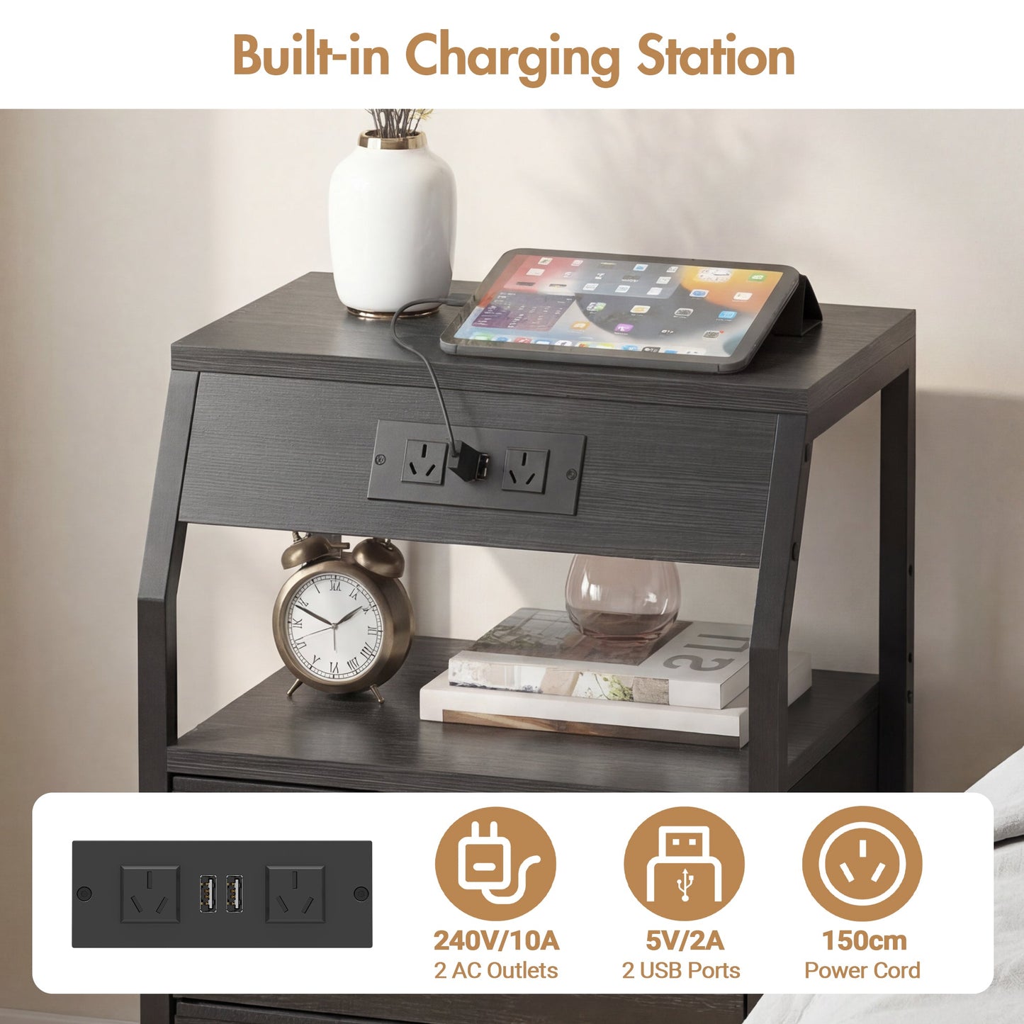 Advwin Set of 2 Bedside Table with 3 Drawers