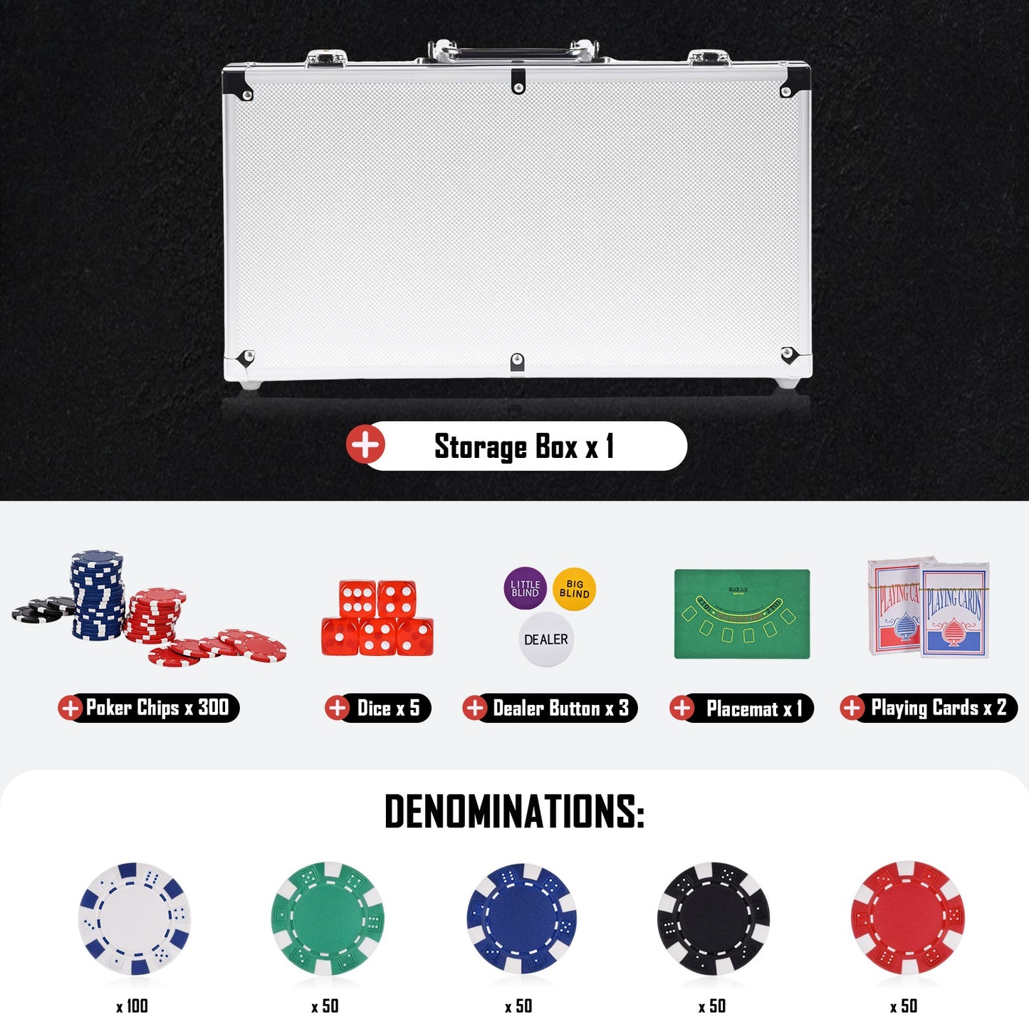 Advwin Poker Chips Set 300pcs Aluminum Case with 2 Decks