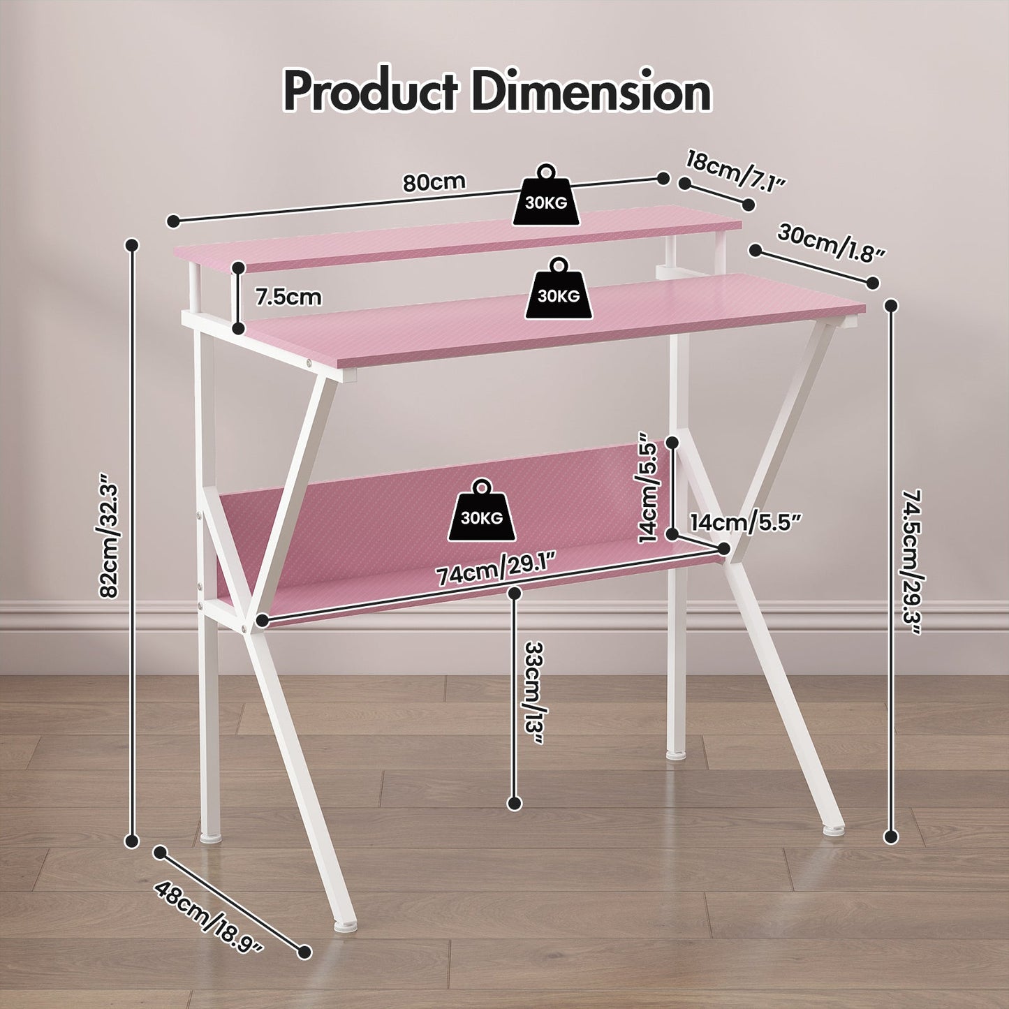 Advwin 80cm Computer Desk with Monitor Stand Pink