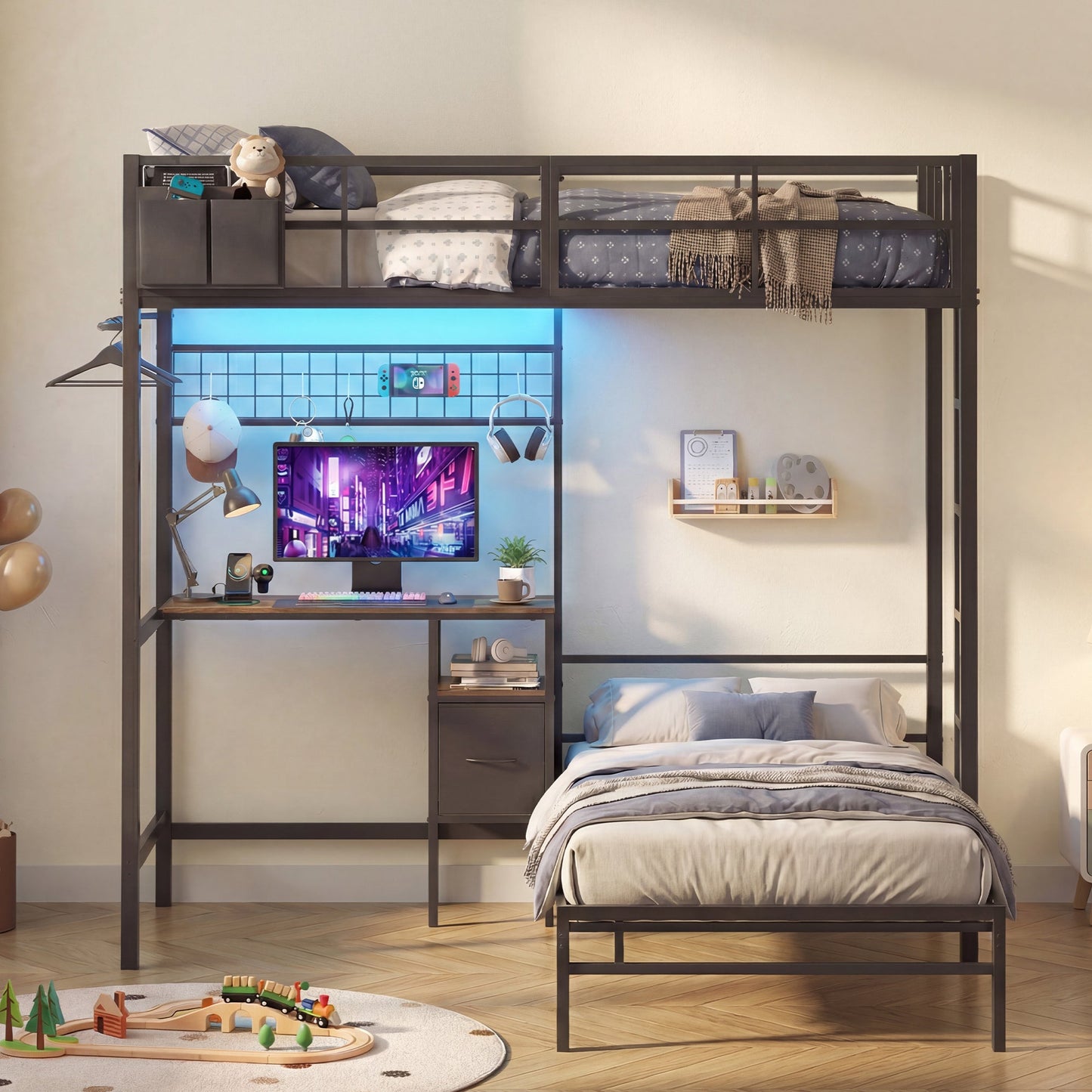 Advwin L-Shaped Bunk Bed w/ Desk Charging Station