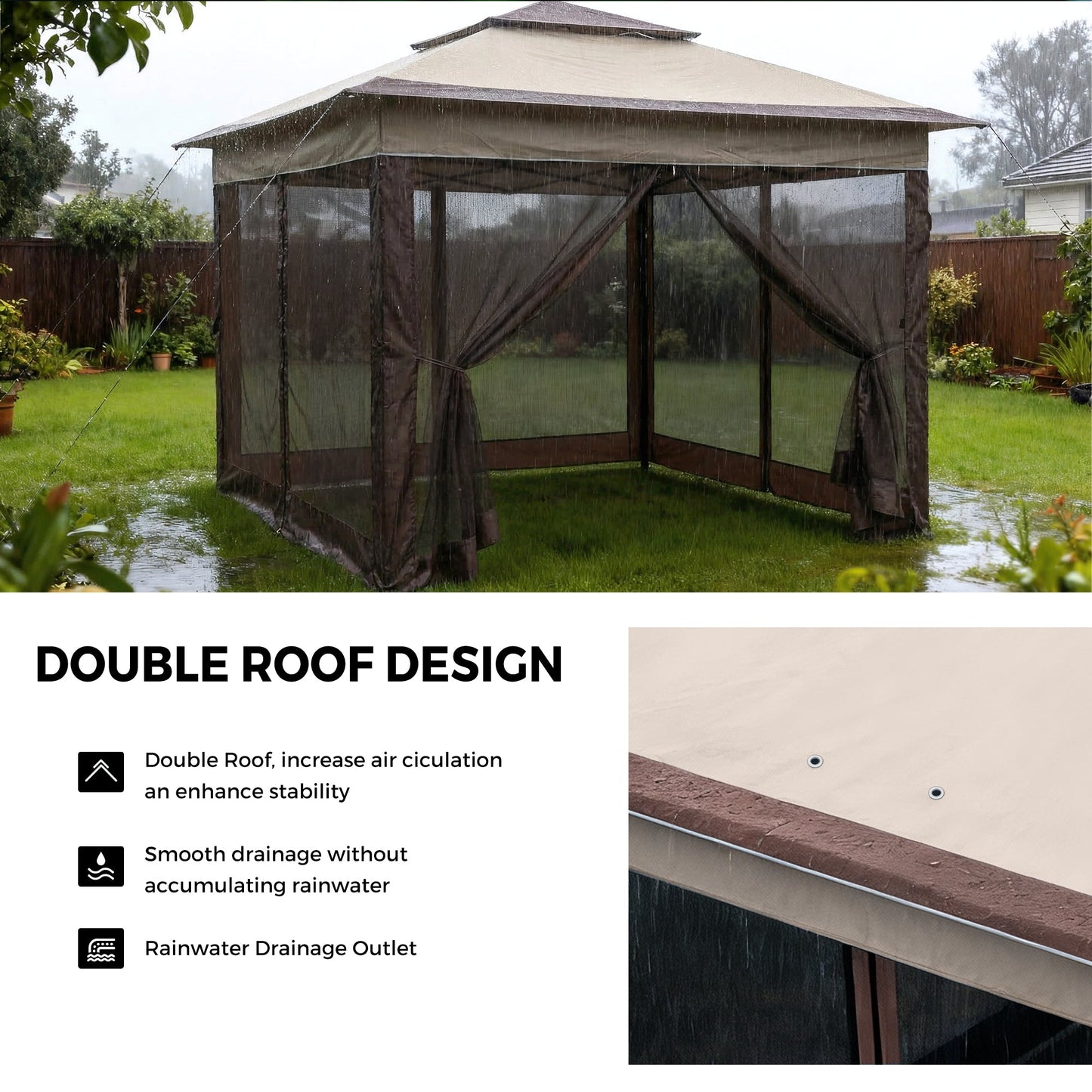 Advwin 3.3x3.3m Double Roof Gazebo Marquee with Mesh Panels