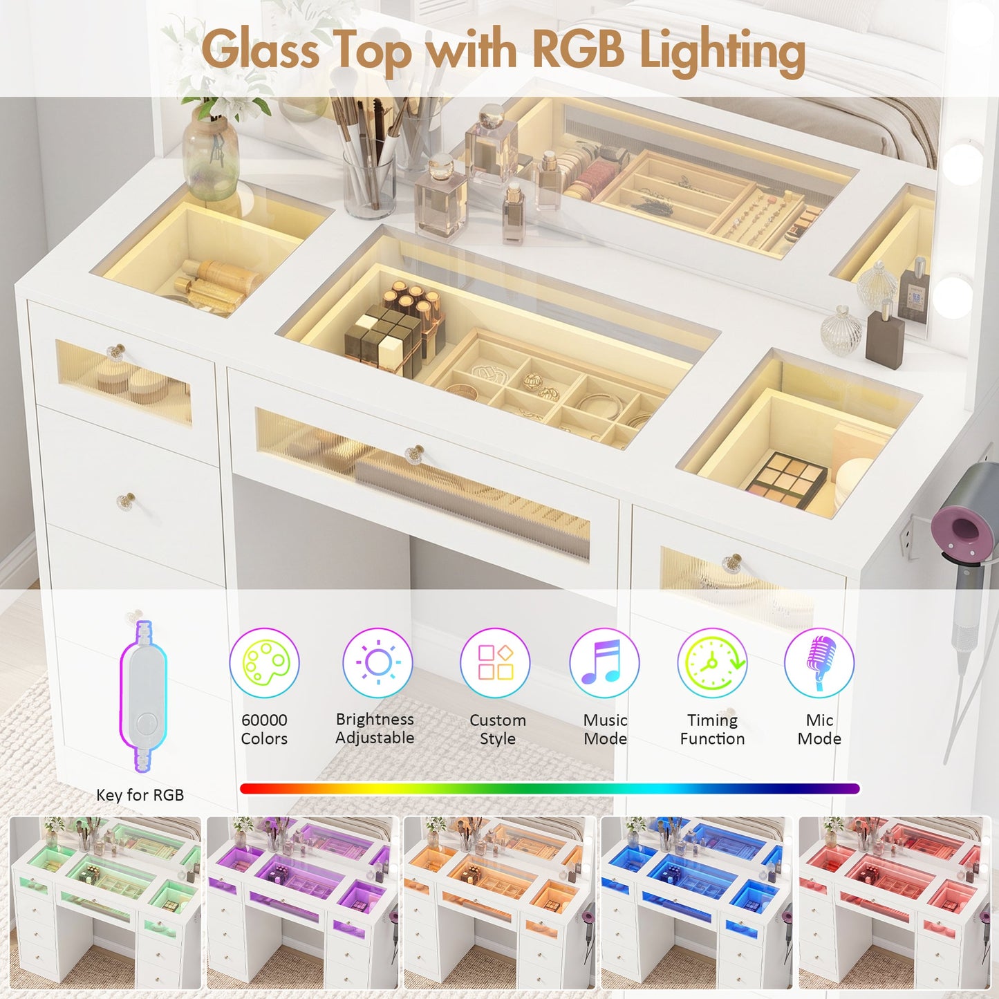 Advwin Makeup Vanity w/ LED Glass Top & Charging Station