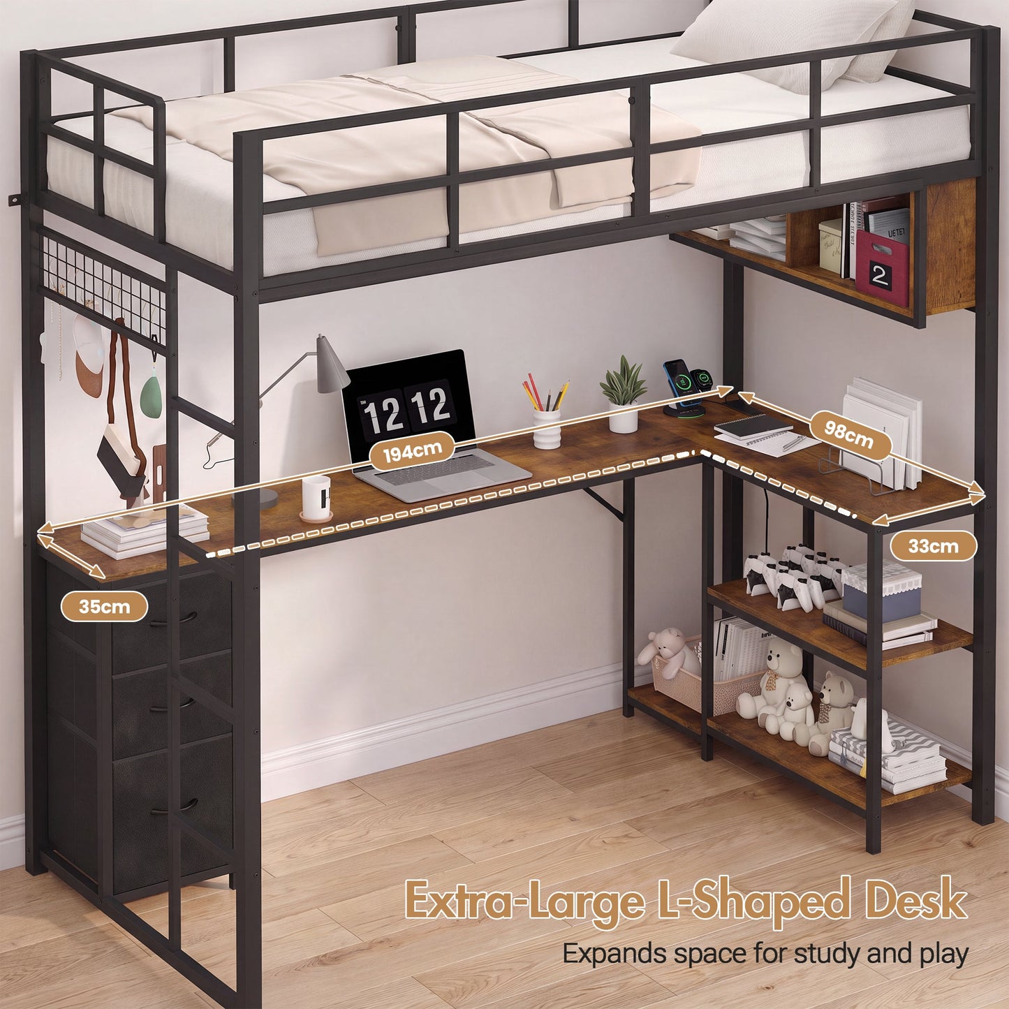 Advwin LED Loft Bed Frame w/ L-Shaped Desk & Charging Station