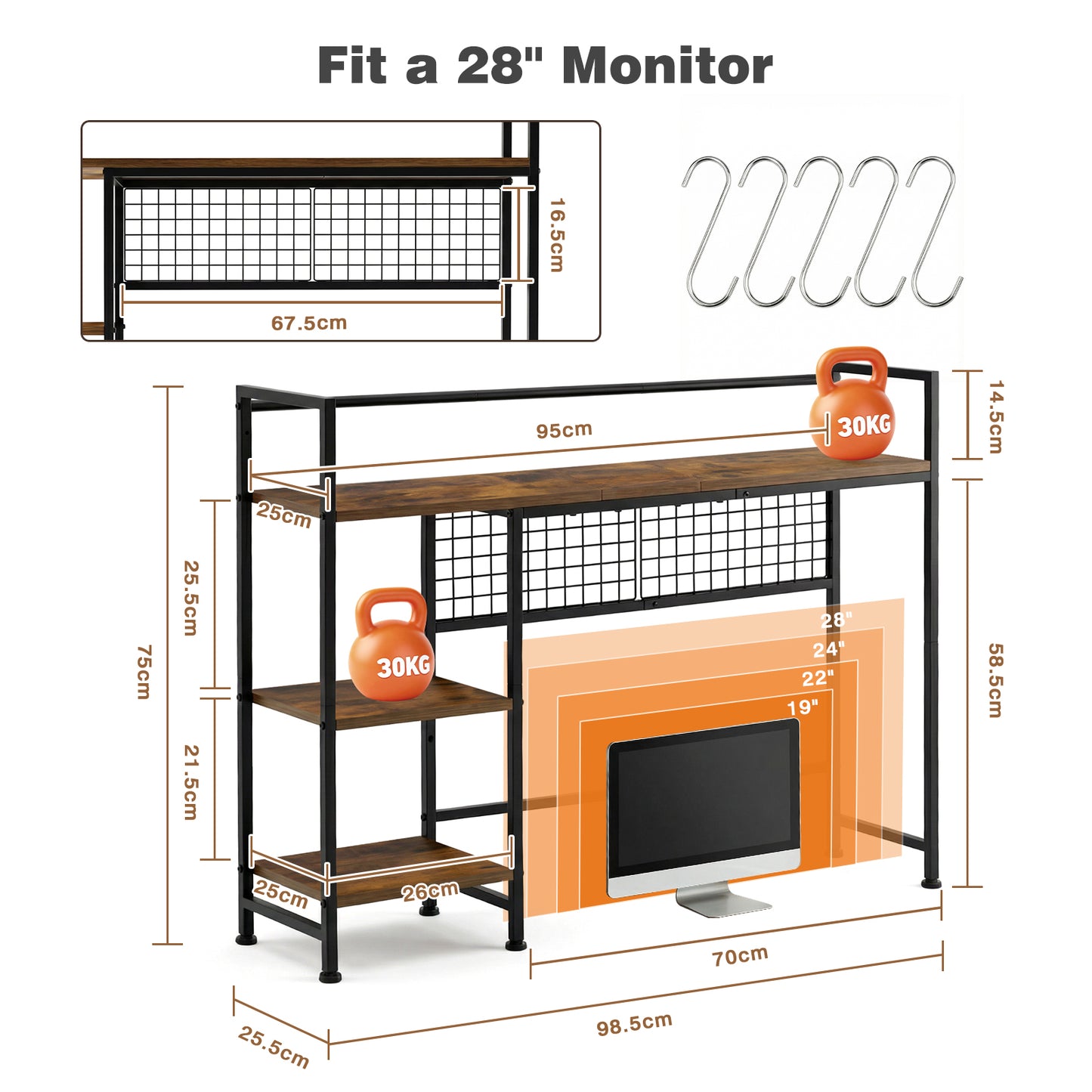 Advwin 3-Tier Desktop Organizer with Hooks Rustic Brown