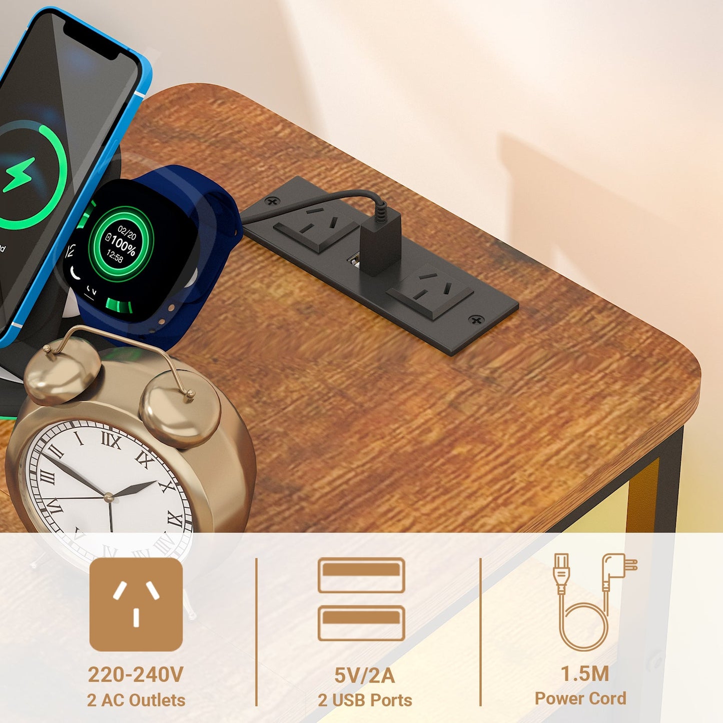Advwin LED Narrow Bedside Table with Charging Station