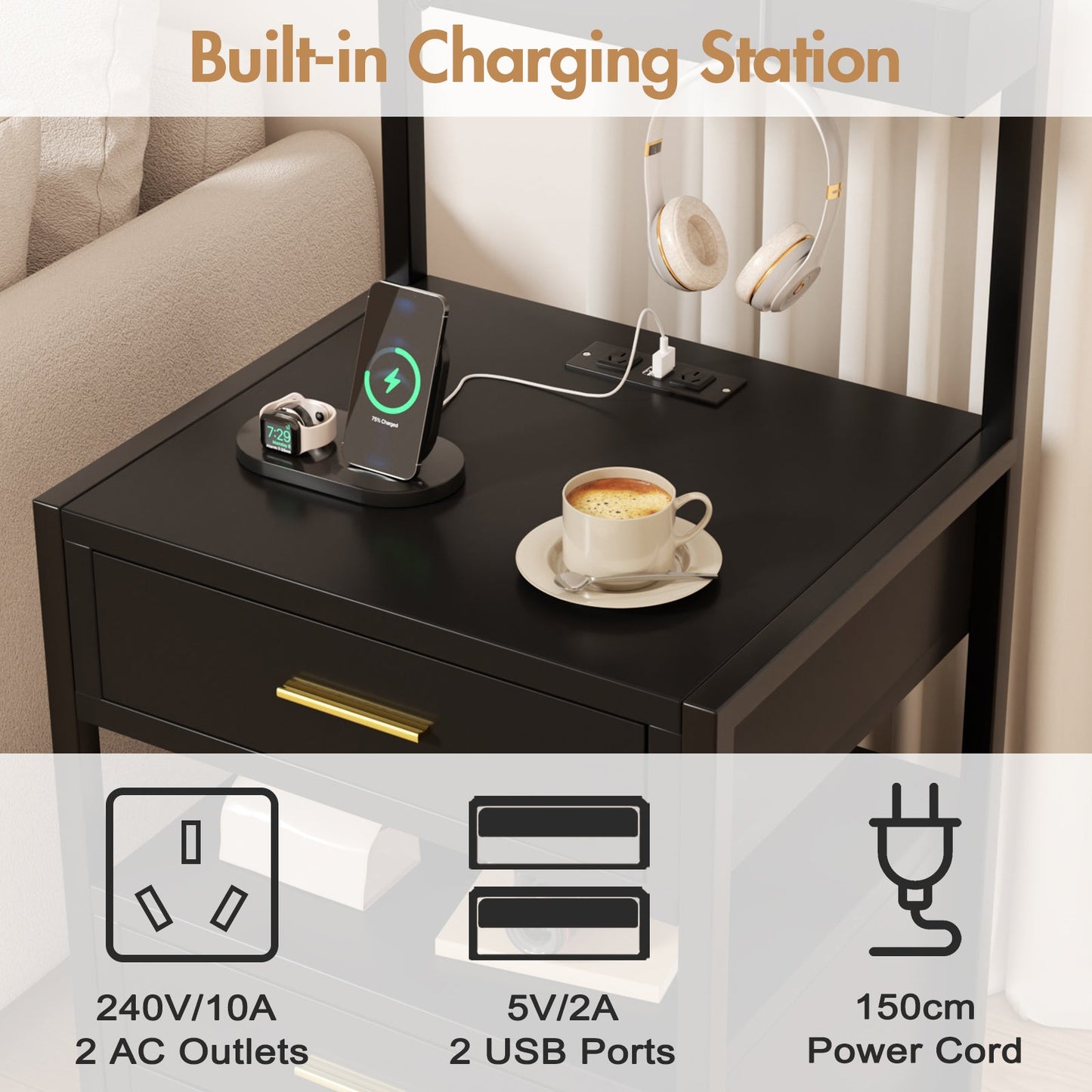 Advwin Bedside Table with Charging Station Set of 2