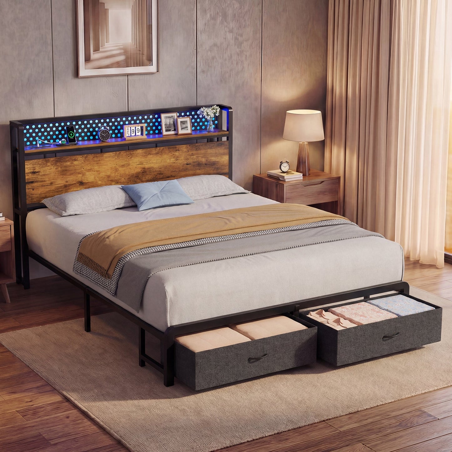 Advwin LED Bed Frame w/ Charging & 2 Drawers