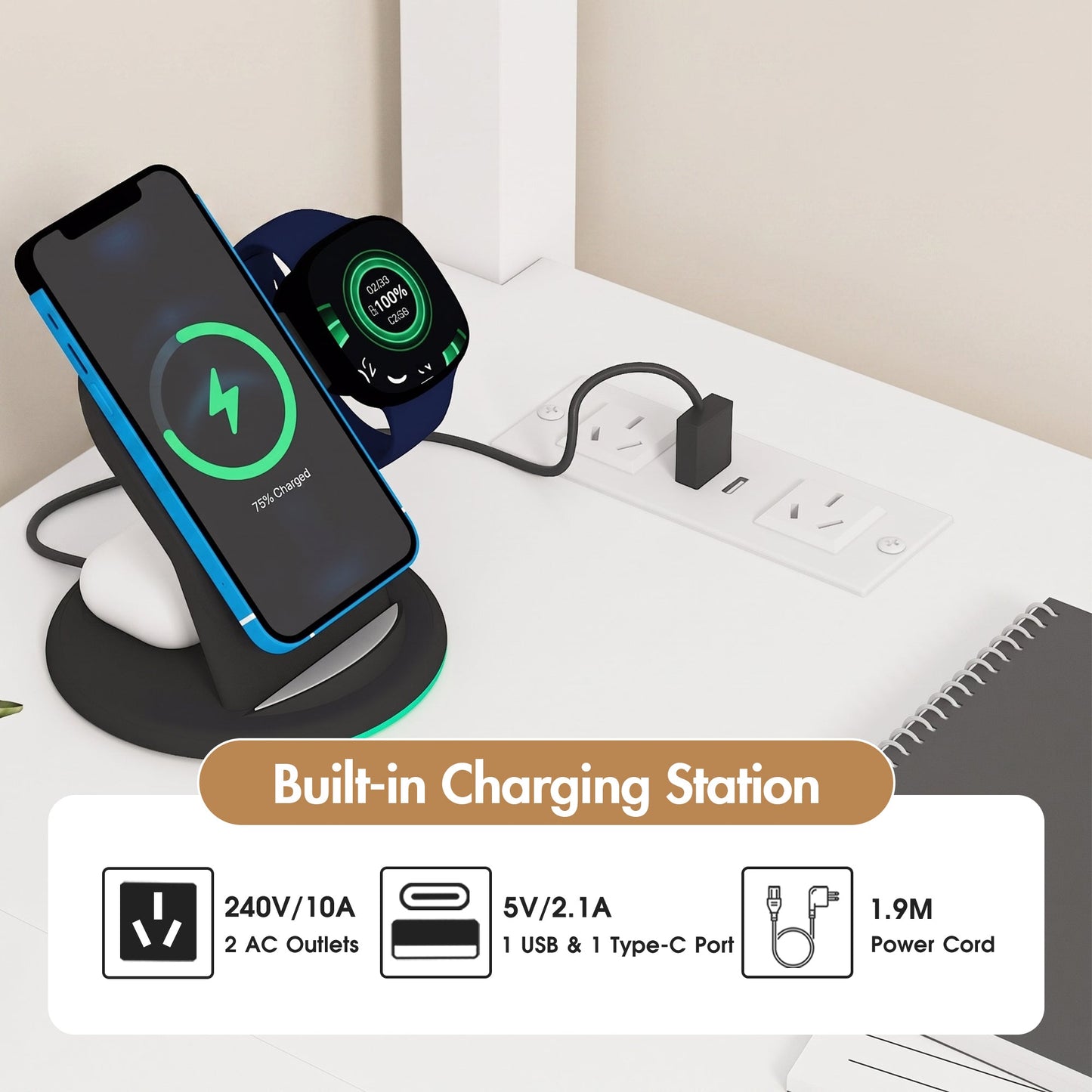 Advwin LED Loft Bed Frame w/ L-Shaped Desk & Charging Station