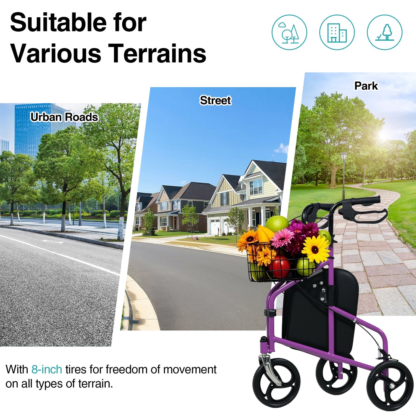 Advwin Rollator Walker 3 Wheel with Basket and Tray
