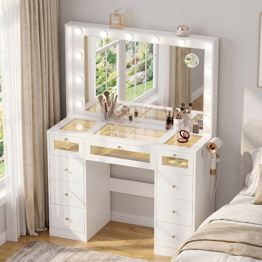 Advwin Makeup Vanity w/ LED Glass Top & Charging Station