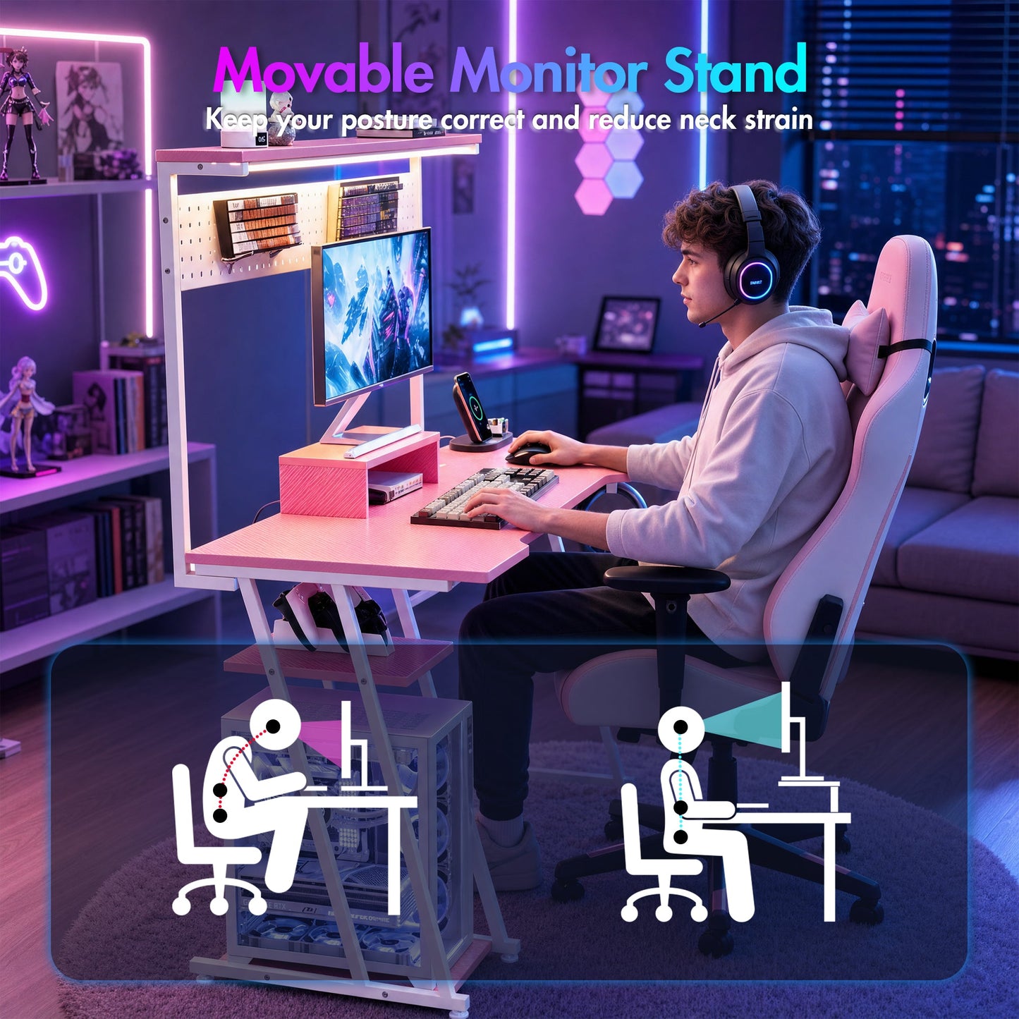 Advwin 120cm LED Gaming Desk w/ Movable Monitor Stand