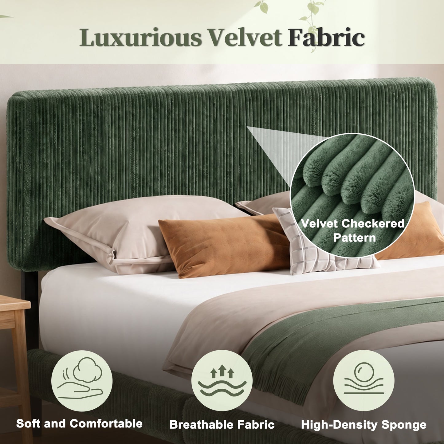 Advwin Upholstered Bed w/ Adjustable Headboard Green
