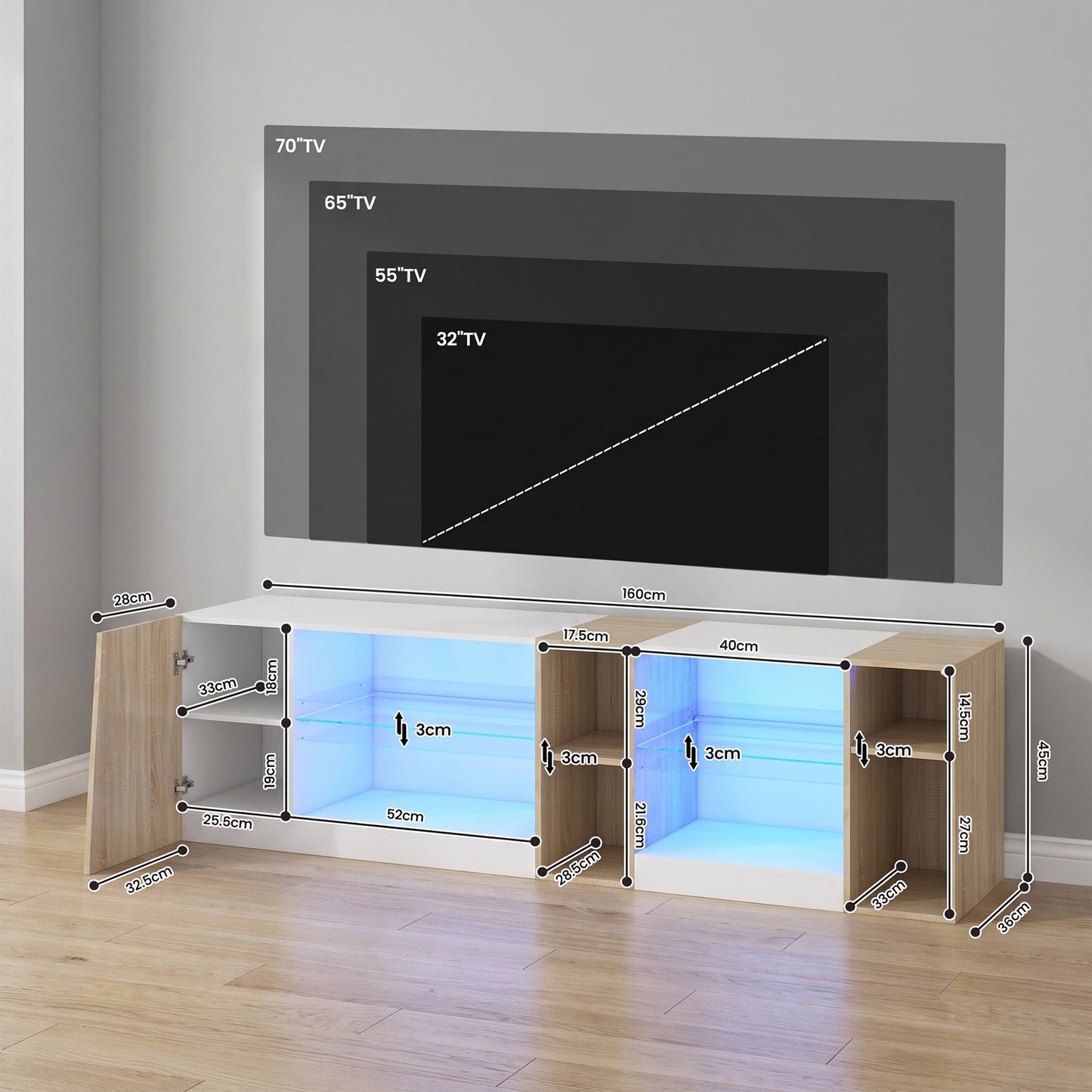 Advwin 160cm LED TV Unit with Adjustable Glass Shelves