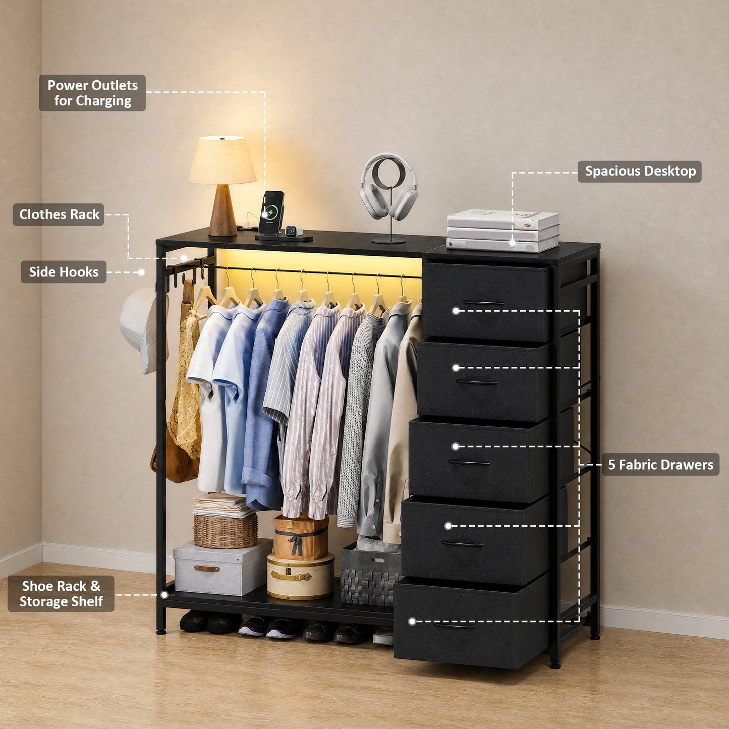 Advwin Fabric Chest of Drawers with Hanging Rack
