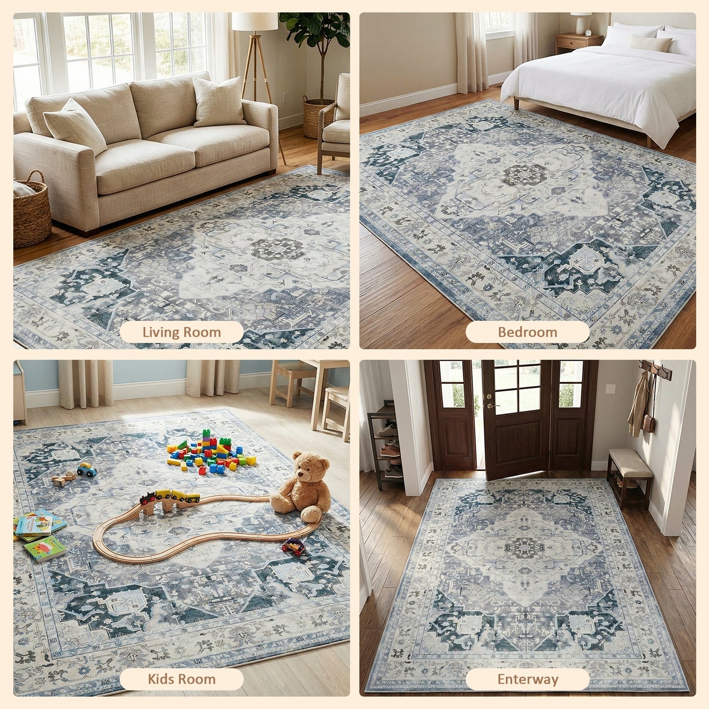 Advwin Vintage Thick Carpet Non-Slip Washable Rug Grey