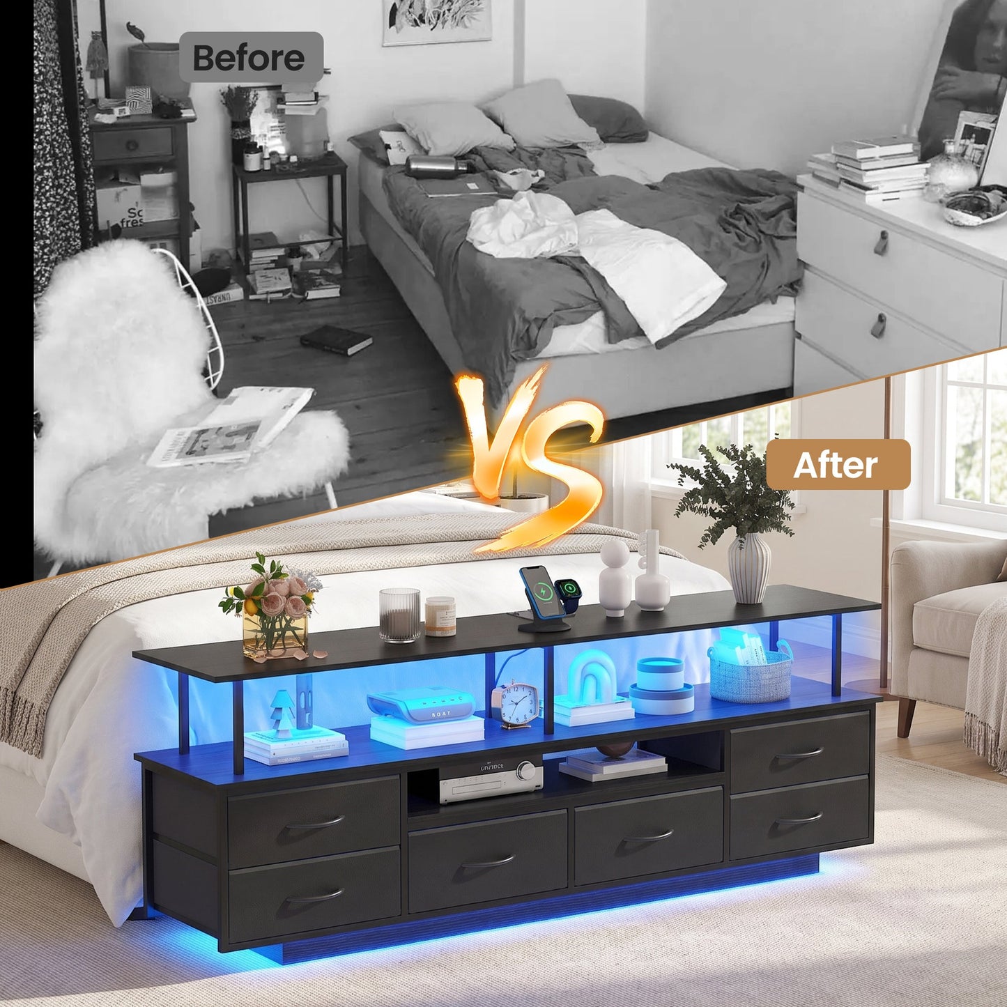 Advwin 160cm TV Unit Cabinet with Open Shelf & LED Lights