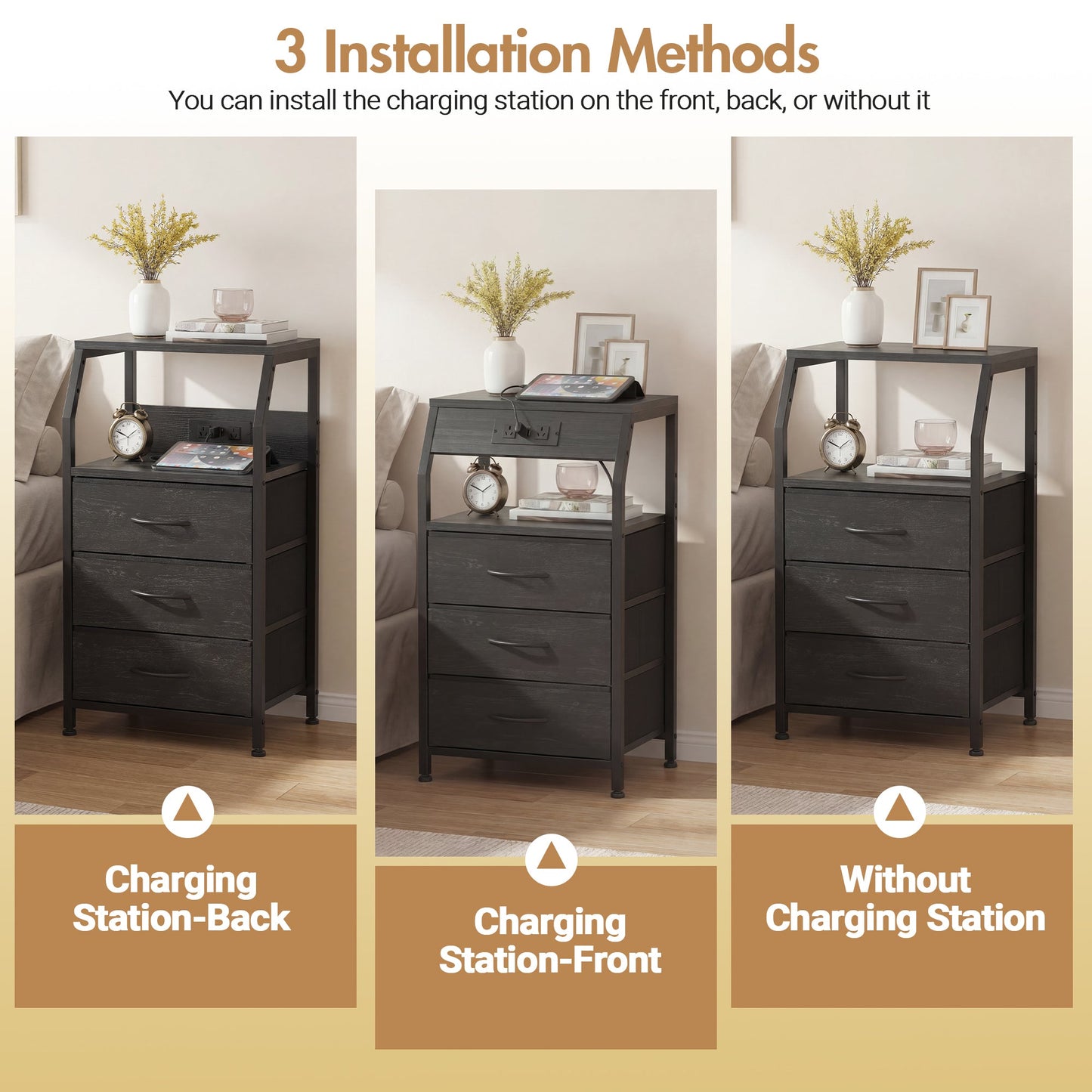 Advwin Bedside Table with 3 Drawers and Charging Station