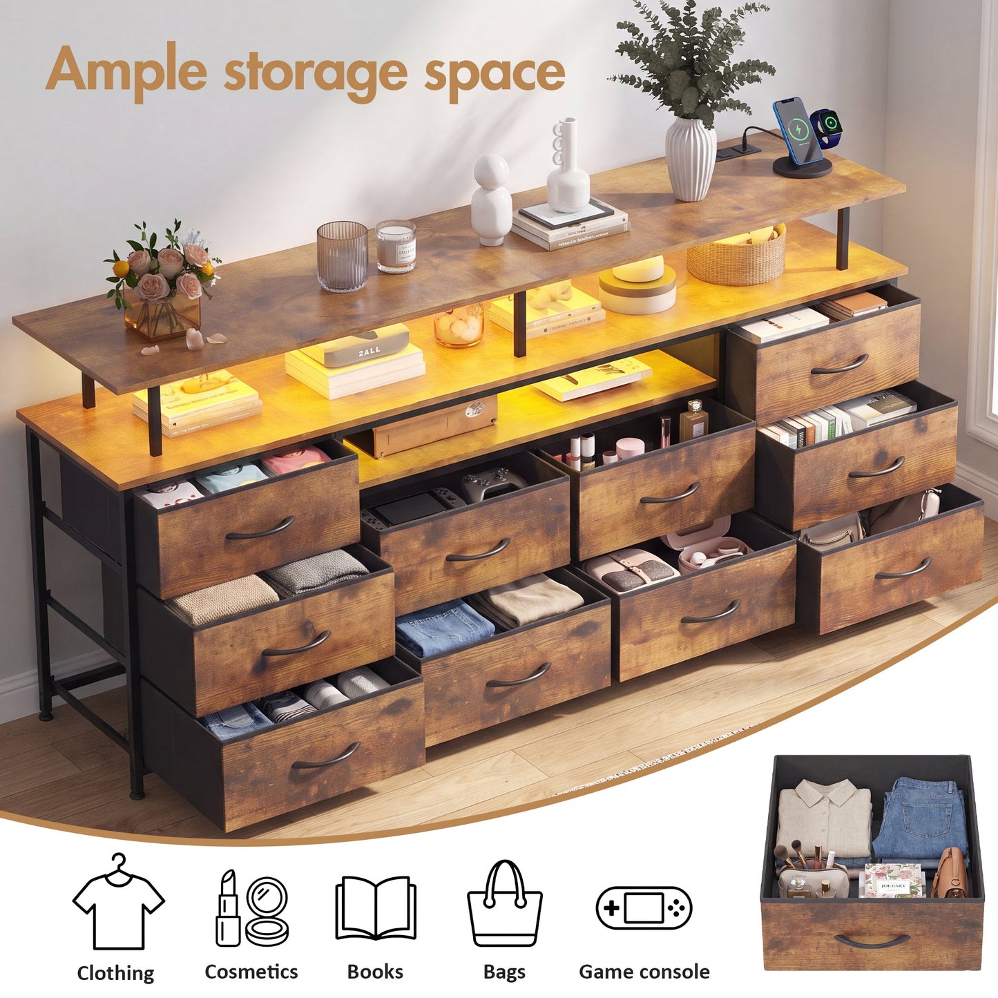 Advwin 160cm TV Stand with Open Storage & LED Lights