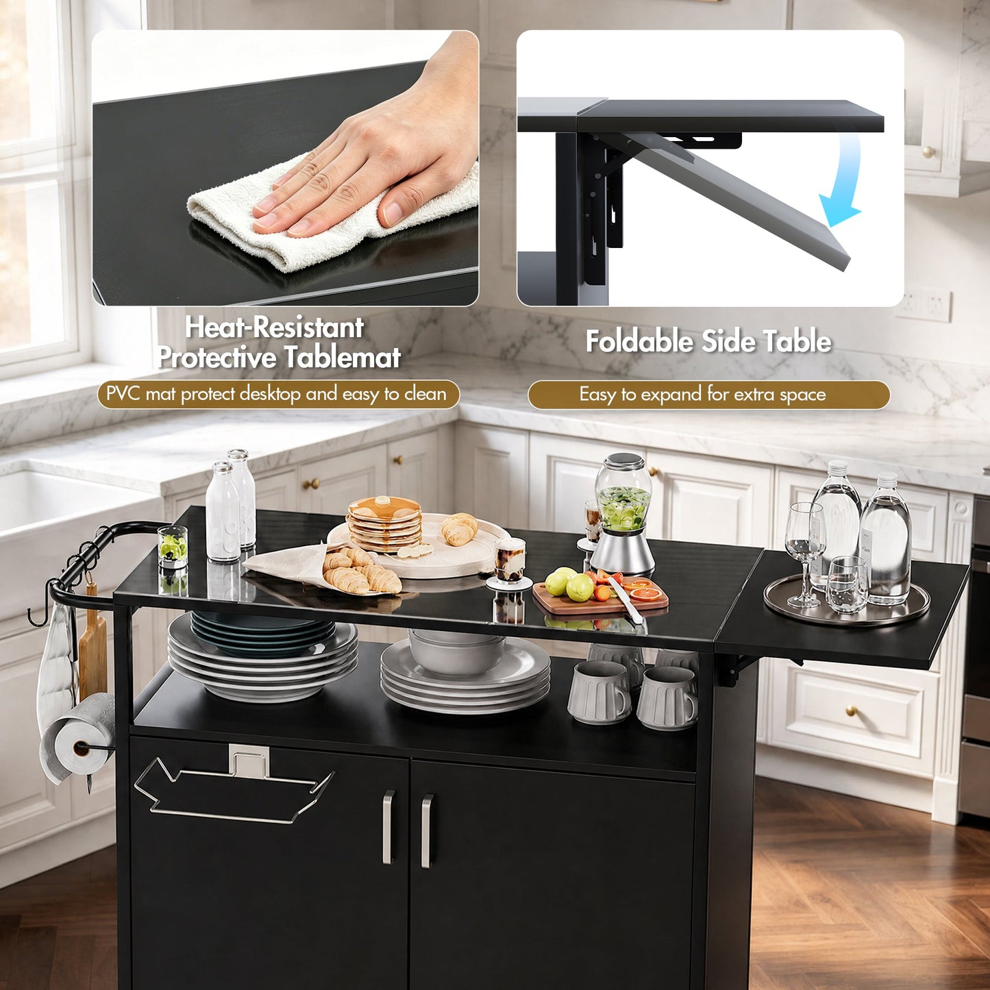 Advwin Mobile Kitchen Island with Foldable Side Table