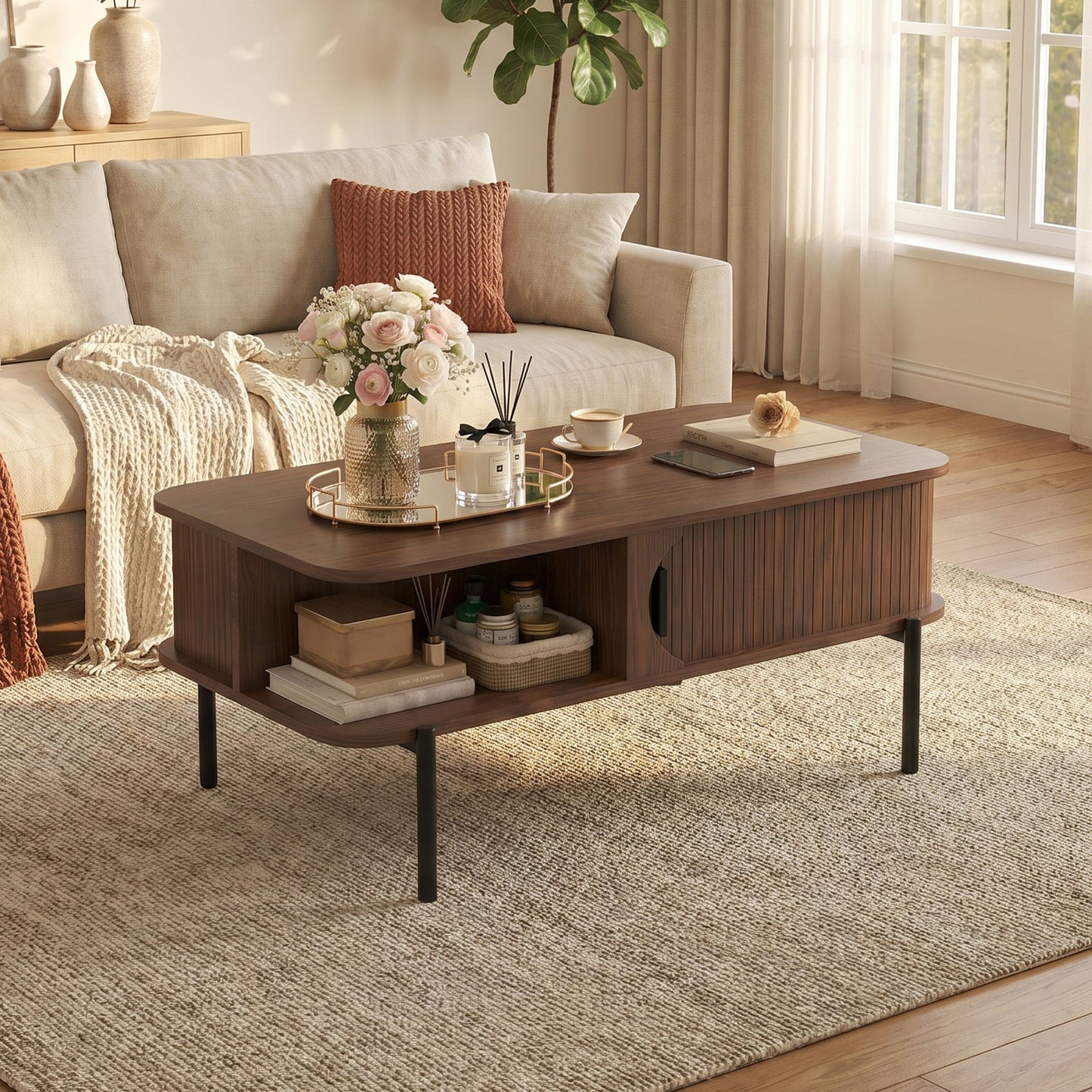 Advwin Fluted Coffee Table with Hidden Storage Walnut