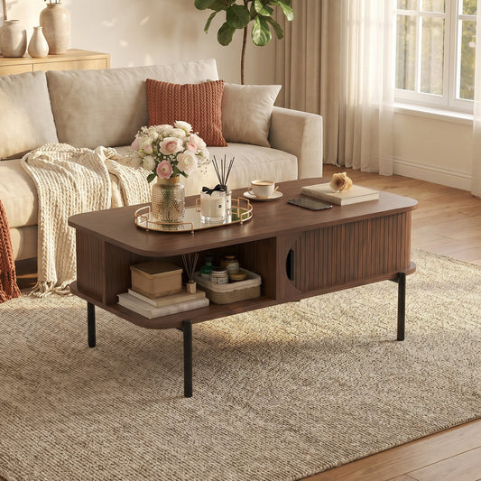 Advwin Fluted Coffee Table with Hidden Storage Walnut
