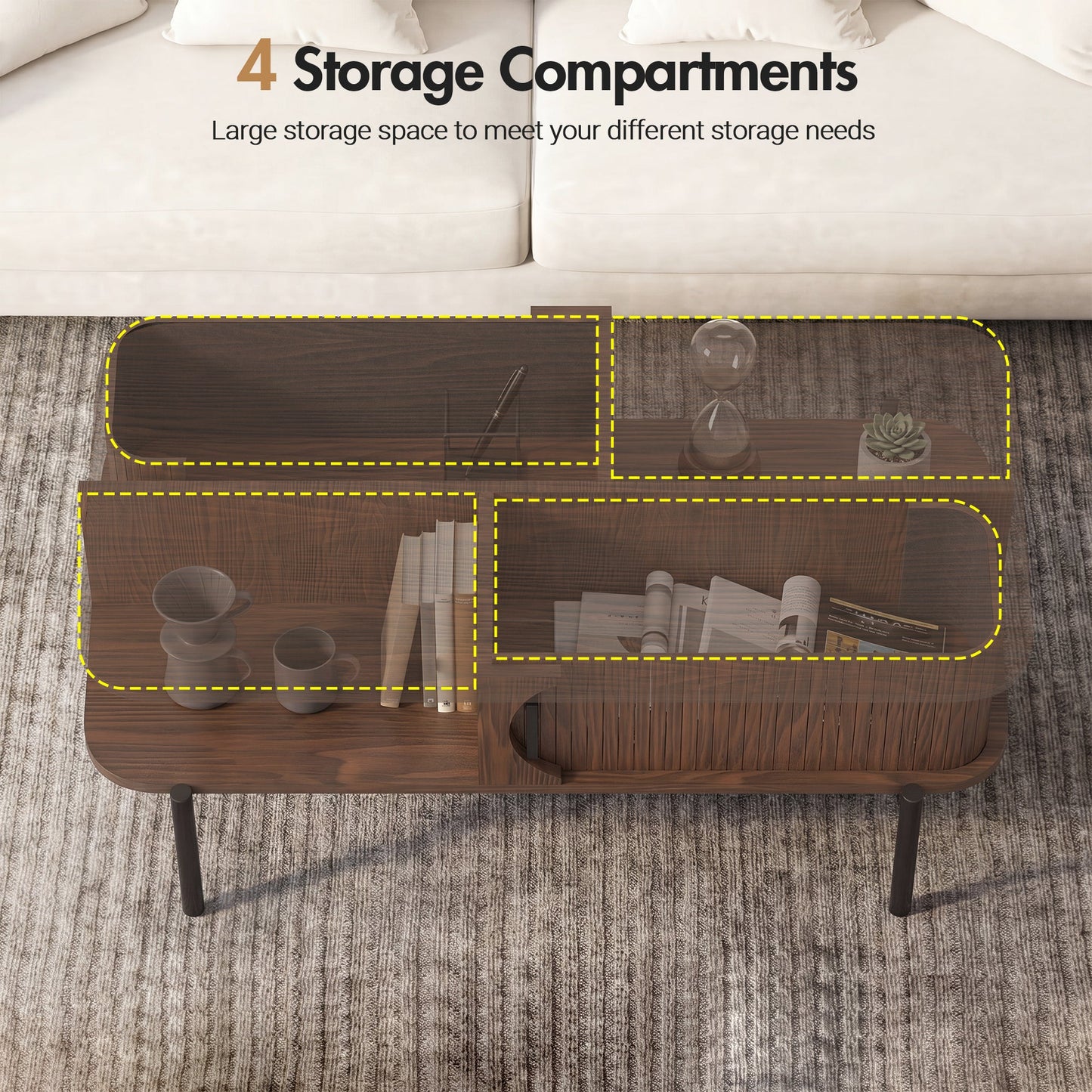 Advwin Fluted Coffee Table with Hidden Storage Walnut