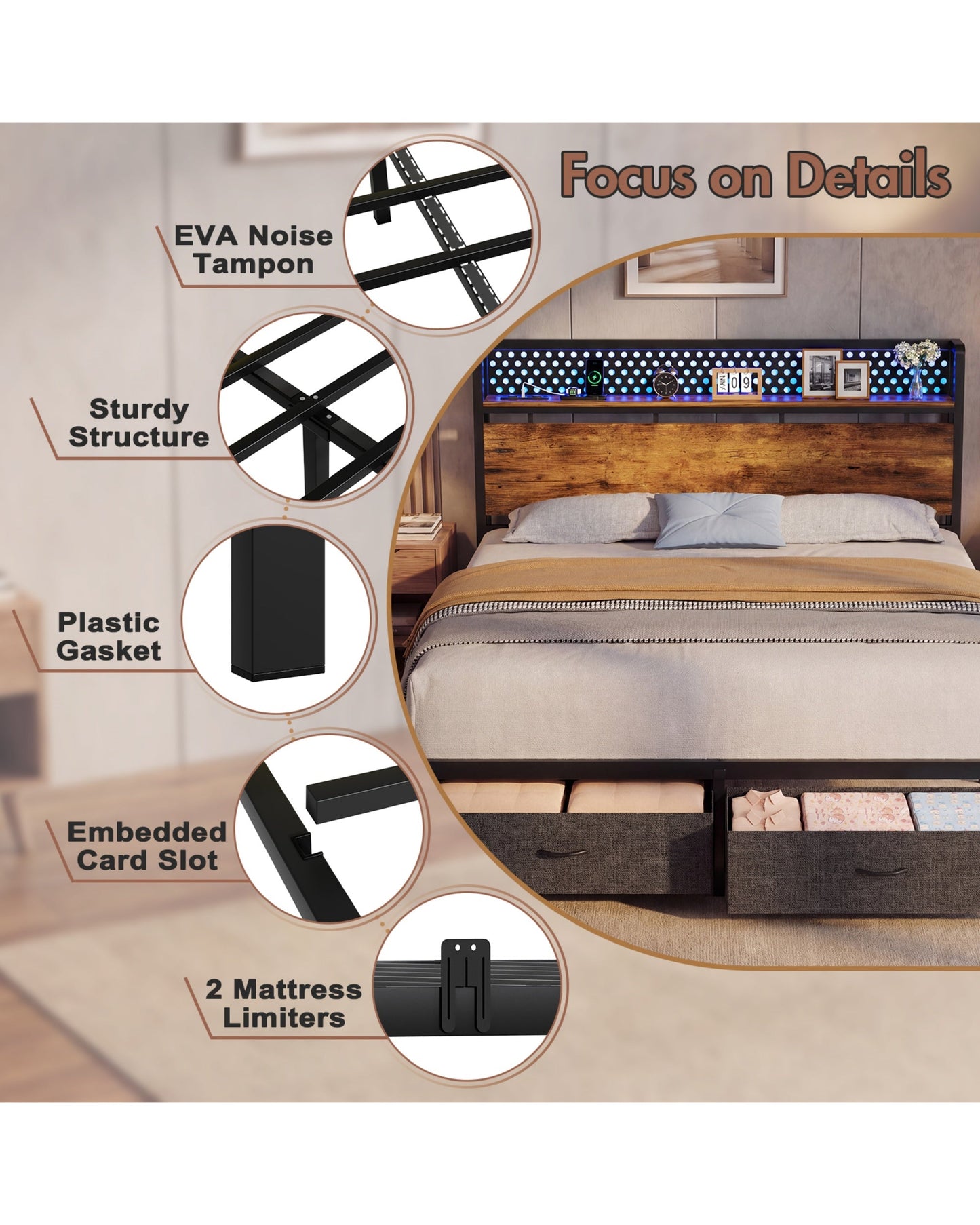 Advwin LED Bed Frame w/ Charging & 2 Drawers