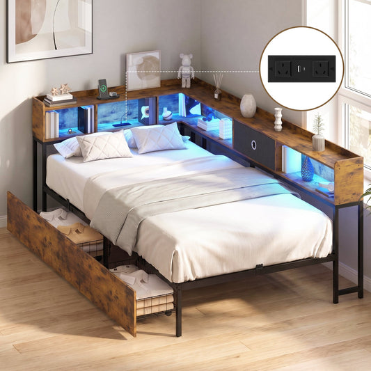 Advwin King Single Corner Bed Frame with Storage Drawers